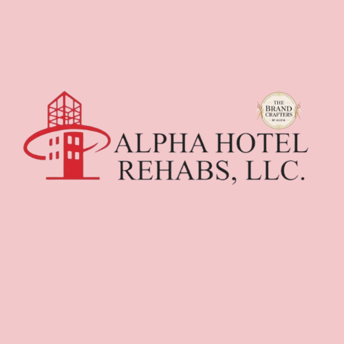 Logo for Alpha Hotel Rehabs LLC featuring a stylized red building outline and text on a pink background, with a gold emblem that says 'The Brand Crafters'.