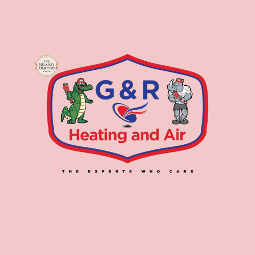 Logo for G&R Heating and Air featuring a green alligator wearing a red hat and a gray mouse in a white shirt with suspenders, with the company name and slogan 'The experts who care'