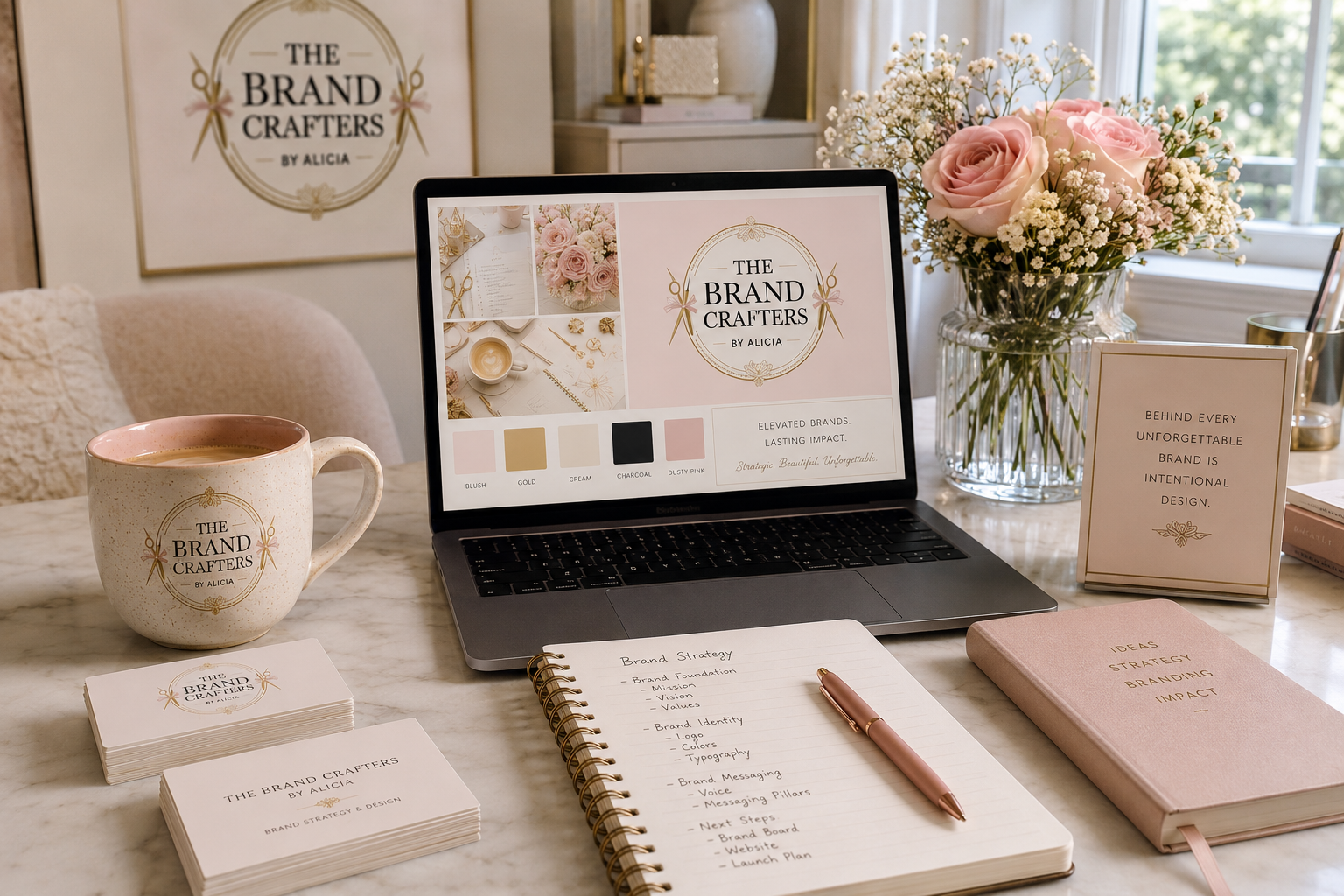 A workspace featuring branding materials for "The Brand Crafters by Alicia." The workspace includes a computer displaying a branding presentation, a mug with the brand logo, business cards, a pink notebook titled "Ideas, Strategy, Branding, Impact," a spiral-bound notebook with handwritten brand strategy notes, a floral arrangement of pink roses and white flowers in a glass vase, and a framed sign with an inspirational quote about branding.