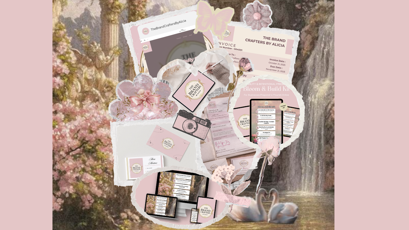 Collage of branding materials for 'The Brand Crafters by Alicia,' including invoices, digital screens showing branding content, stationery, a camera illustration, and decorative elements like flowers and butterflies, set against a background of a waterfall with two swans.