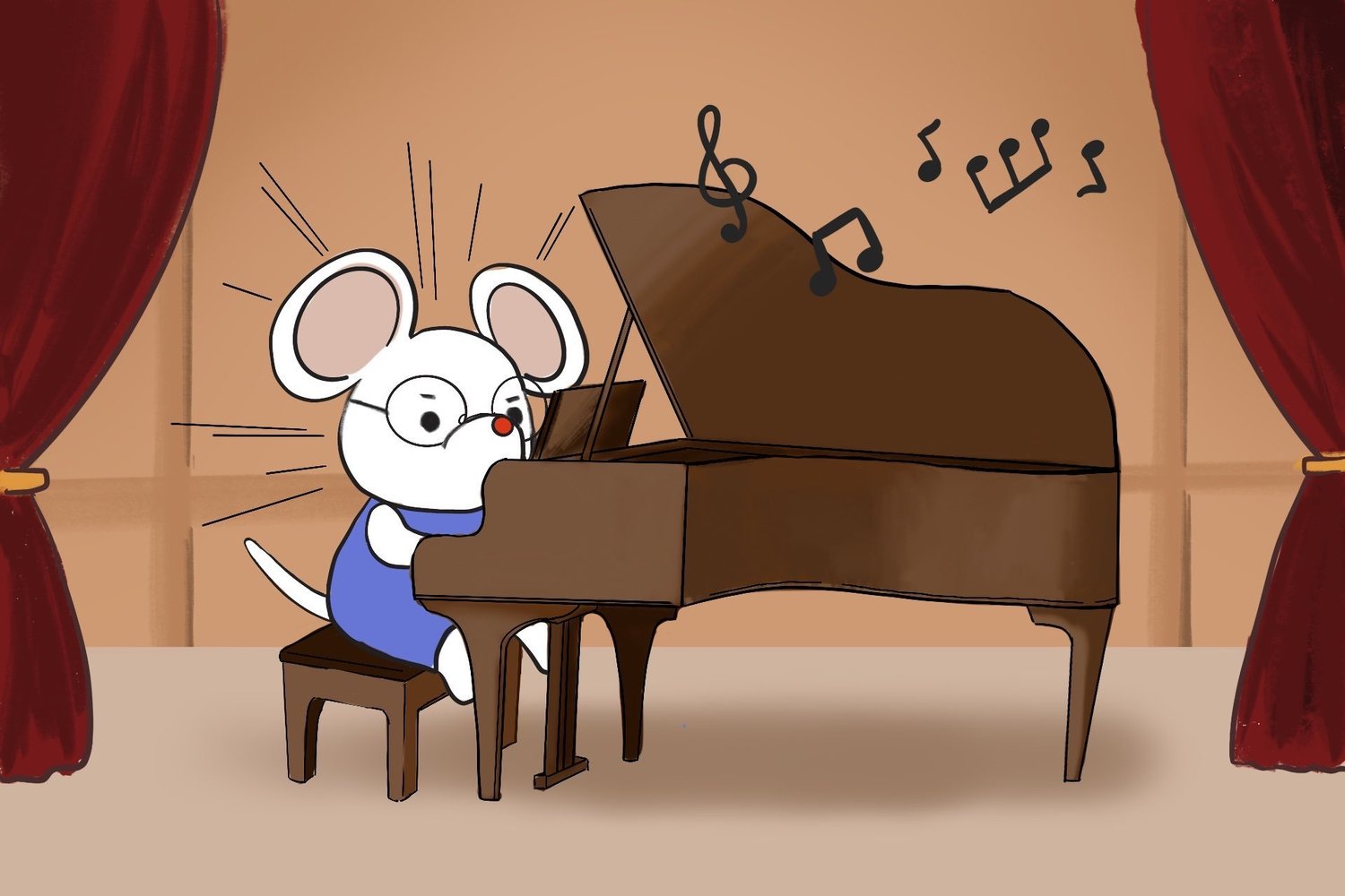 Illustration of Dr. Shu playing a grand piano on stage