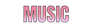 The word 'MUSIC' in large pink and white capital letters.