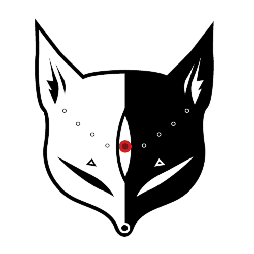 Black and white stylized illustration of a fox's face split into two contrasting halves with geometric shapes and a red circle in the center.