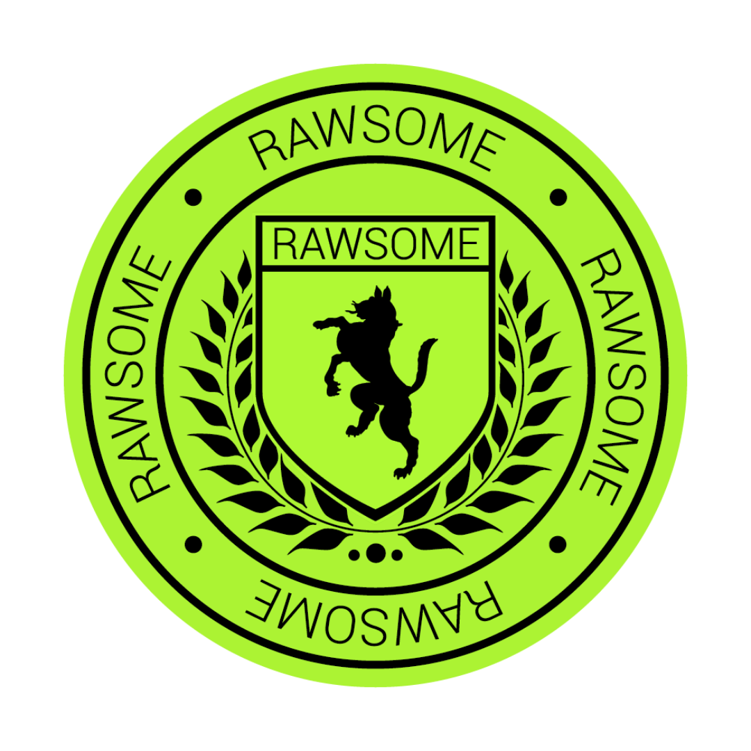 A bright green circular badge with a black border, featuring the word 'RAWSOME' at the top and bottom, and a shield in the center with a black silhouette of a fox on a green background, and the word 'RAWSOME' inside the shield.