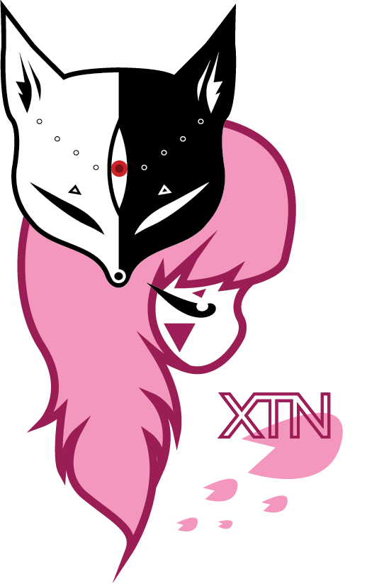 Stylized illustration of a girl with pink hair wearing a fox mask with two halves, one white and one black, with pink accents and the word 'XTN.' XTN's Logo.