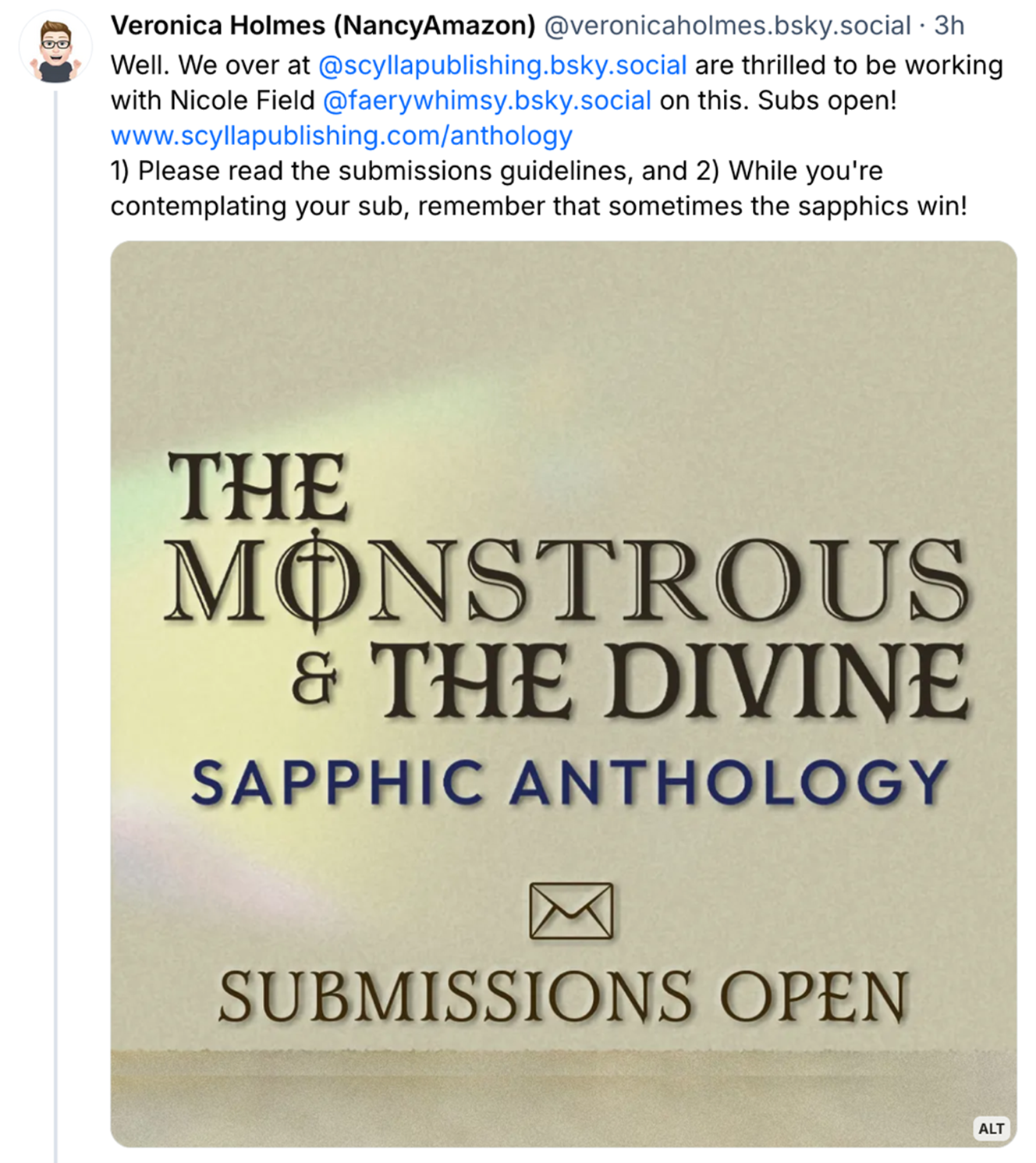 Screen grab of social post by Veronica Holmes about submission guidelines