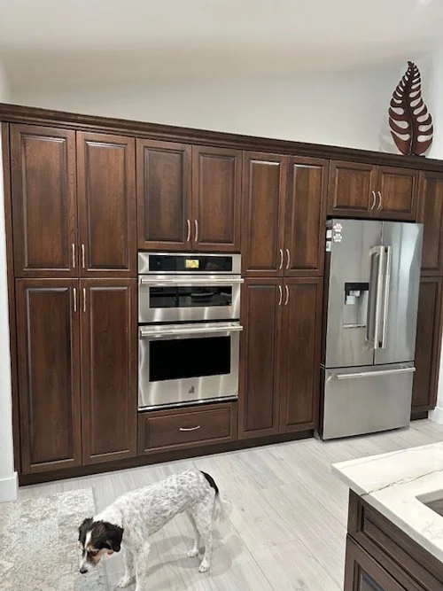 Modern kitchen with dark wooden cabinets, stainless steel double oven, and a stainless steel refrigerator. A dog stands on the light-colored floor near a small area rug, with a decorative leaf-shaped vase on top of the cabinets.