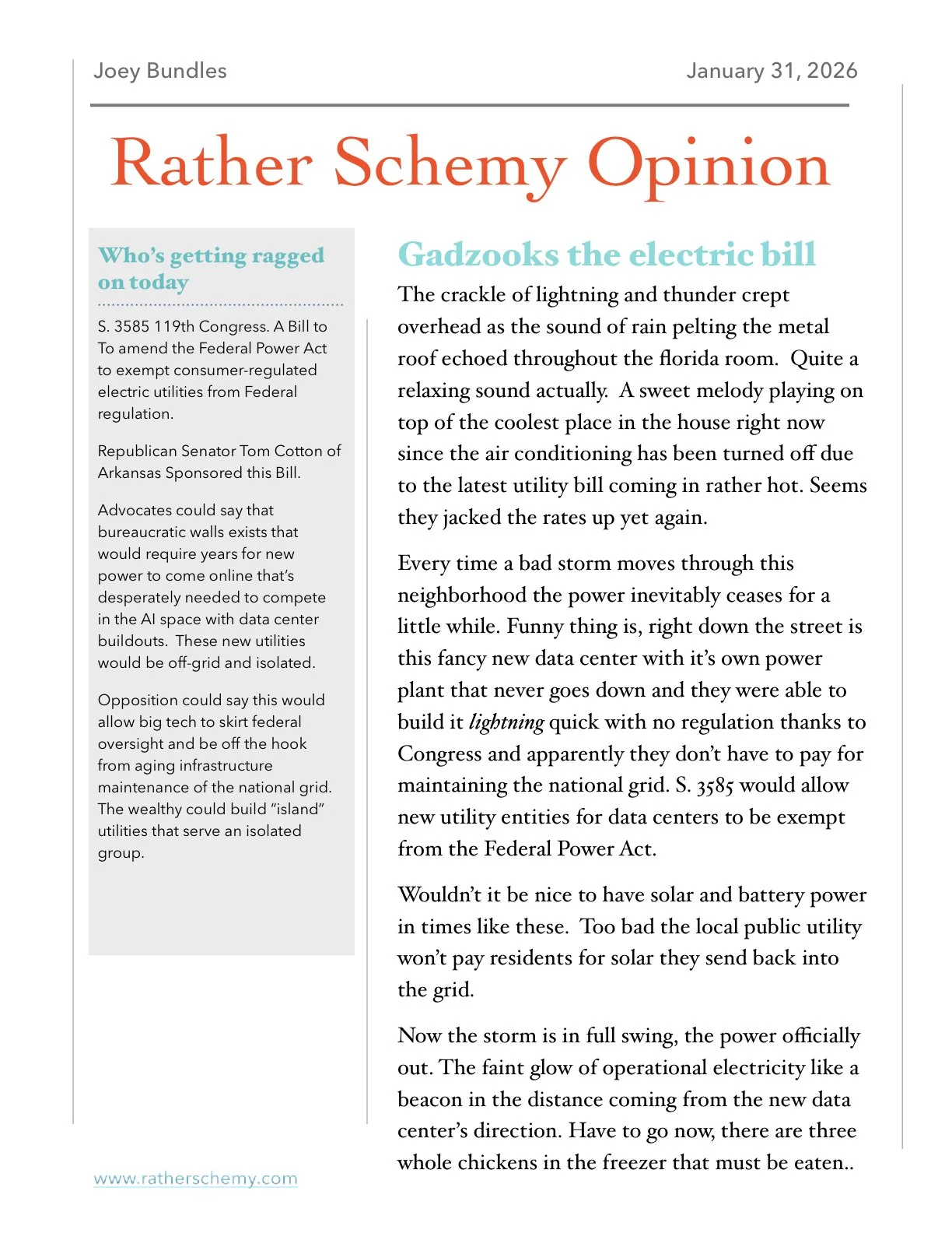 Opinion for Jan 31, 2026. Gadzooks the electric bill.