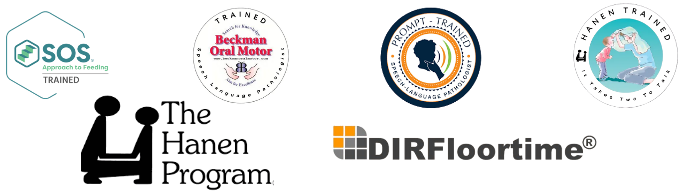 A collection of logos for different organizations, including SOS Approach, Beckman Oral Motor, Prompt-T, and DIRFloortime.