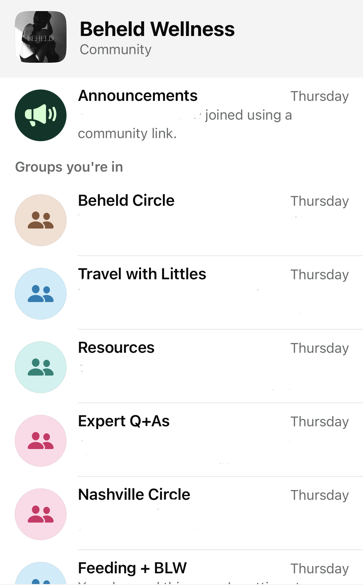 Screenshot of a mobile community app with groups named Beheld Circle, Travel with Littles, Resources, Expert Q+As, Nashville Circle, and Feeding + BLW, listed with Thursday as the day.