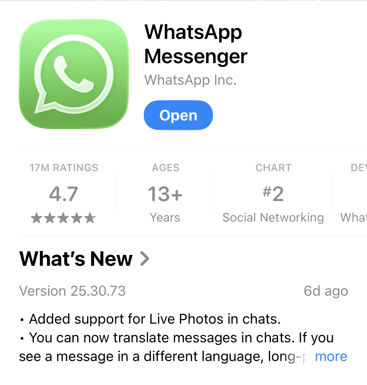 App store screenshot of WhatsApp Messenger app with a green icon featuring a white speech bubble with a phone symbol inside. Text indicates app name, developer, rating, age requirement, and updates.