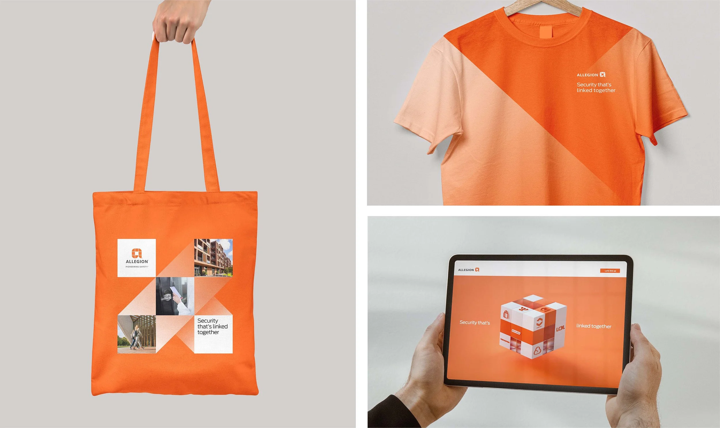 Orange tote bag with advertisements, an orange T-shirt with a logo and text, and a person holding a tablet displaying a cube with logos and text related to Allegion security branding.