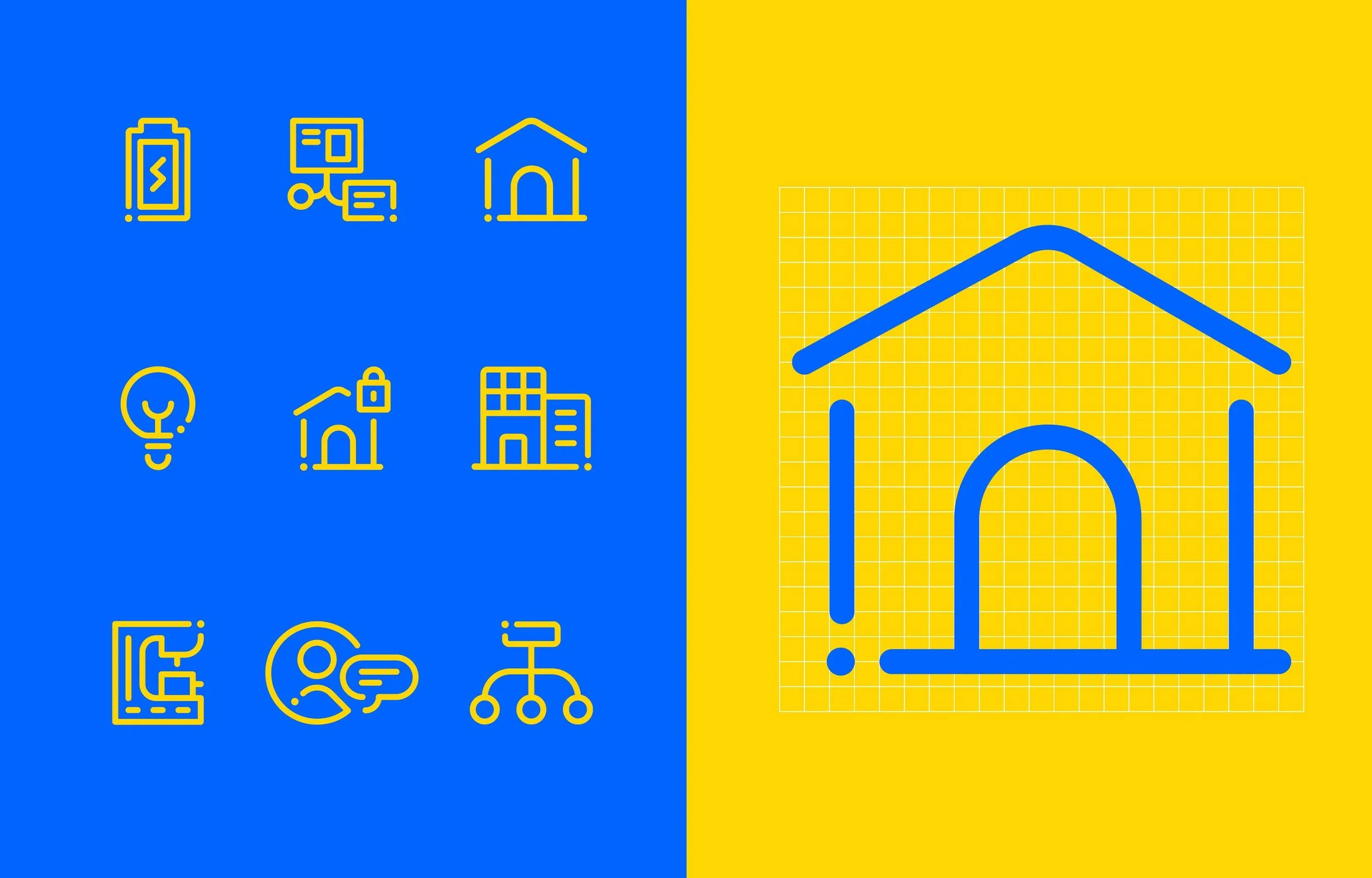 Grid with six icons on the left side representing different aspects of homes, including a mortgage, real estate, home, energy, security, and communication; on the right side, a simple blue outline of a house on a yellow background.