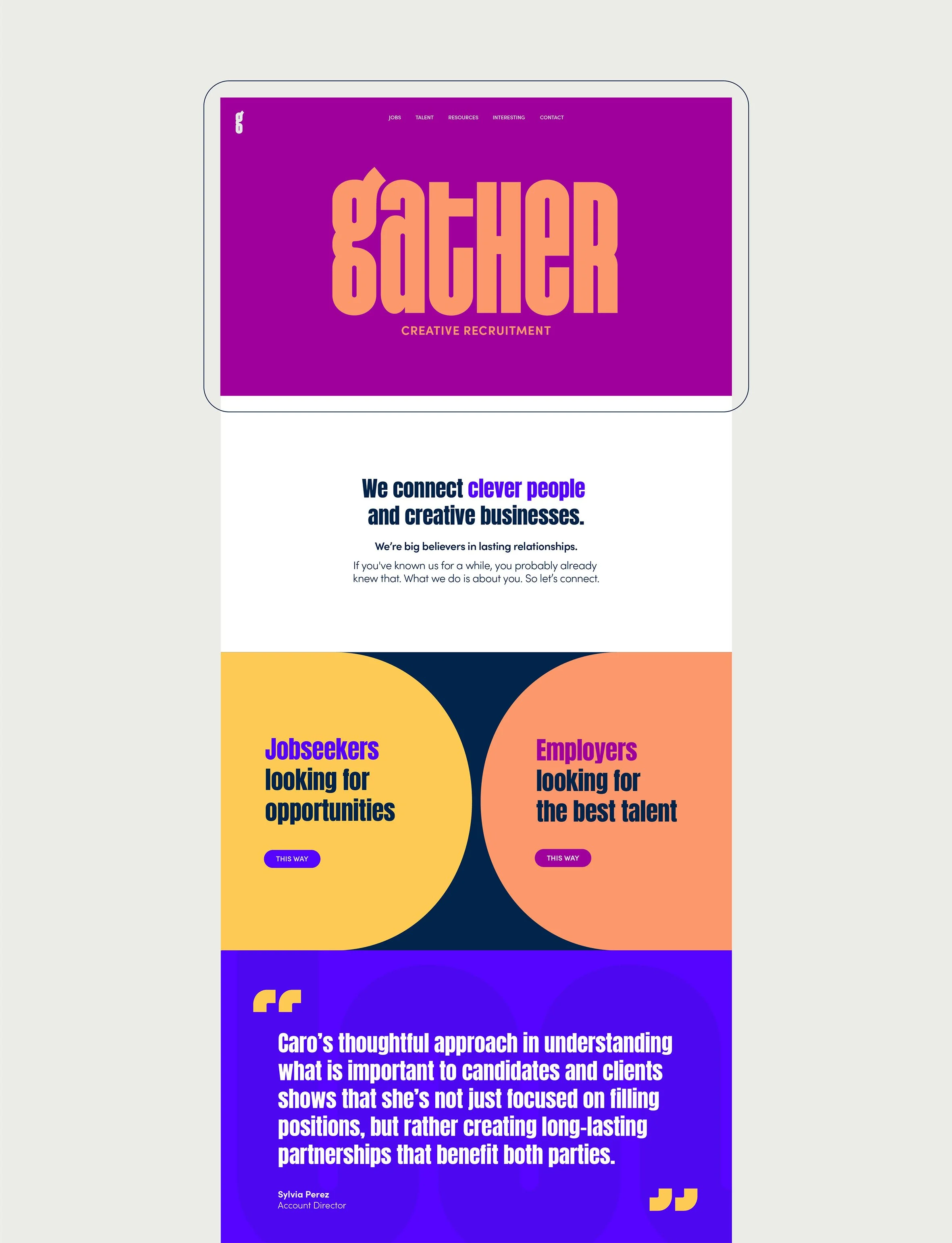 Webpage with purple and yellow branding for 'Gather,' a creative recruitment agency, featuring sections for job seekers, employers, and client testimonials.
