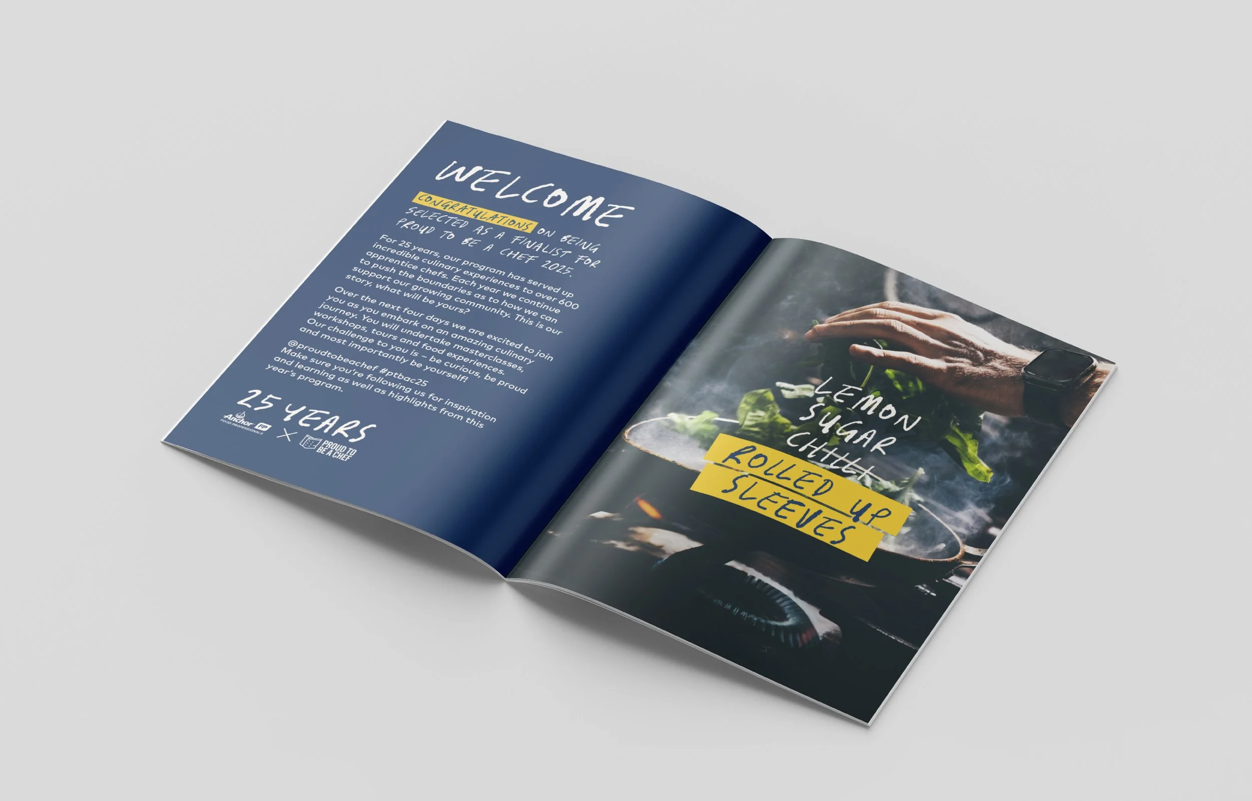 Open magazine with a blue left page containing text about becoming a chef and a right page showing a photo of a hand stirring greens in a pan, with handwritten notes saying 'Lemon Sugar Chutney' and 'Rolled Up Sleeves'.