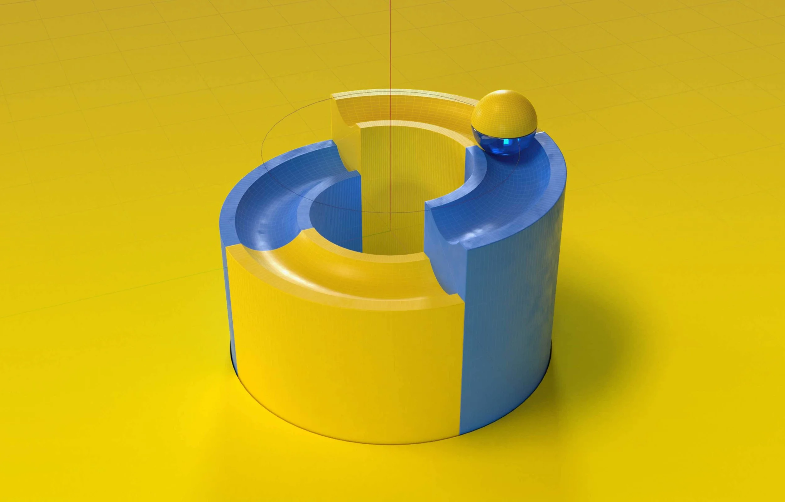 A colorful, abstract 3D sculpture with yellow and blue segments on a yellow background, featuring a yellow sphere with a blue band on top.