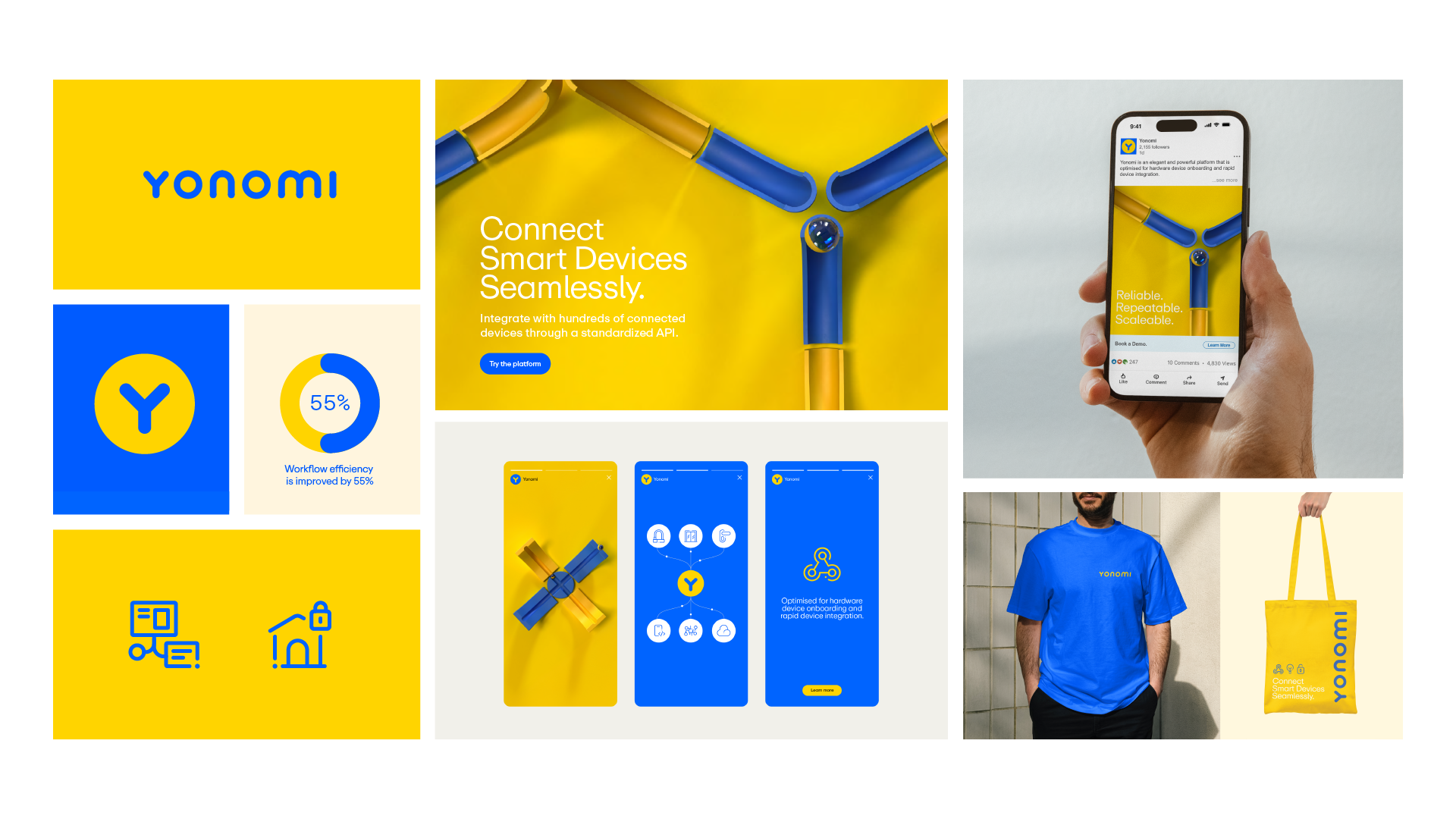 A promotional collage for Yonomi features a yellow and blue branding theme. It includes the Yonomi logo, a message about connecting smart devices seamlessly, and images of a smartphone app, a satellite model, and merchandise like a blue T-shirt and a yellow bag with the Yonomi logo and tagline.