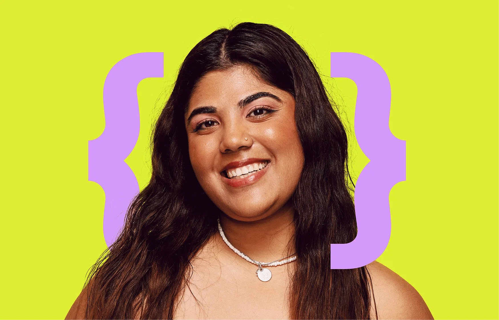 A smiling woman with long dark hair, wearing a necklace, set against a yellow background with purple curly brackets.