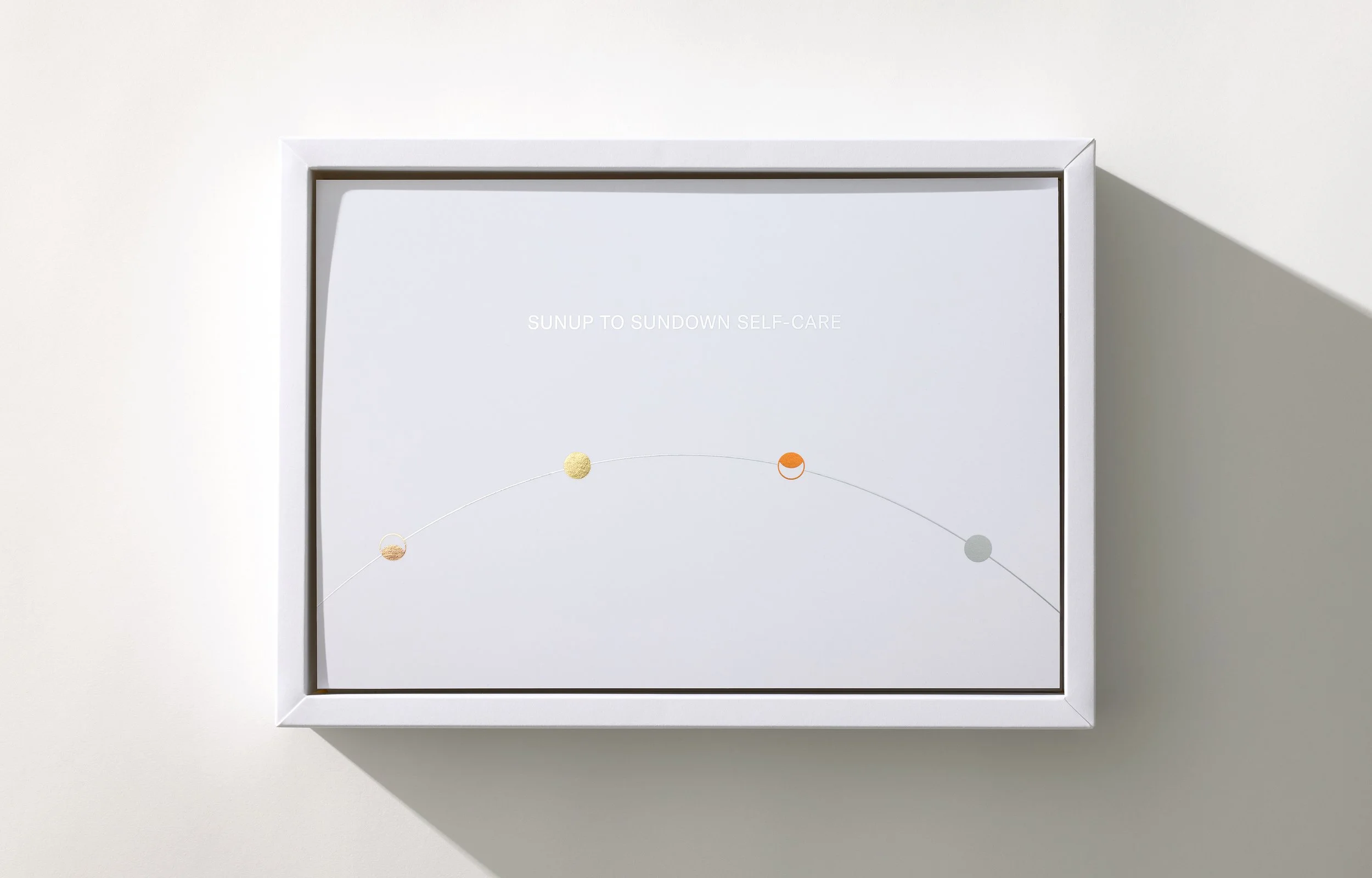 A framed infographic with the text 'Sunup to Sundown Self-Care' and a semi-circular timeline with colored dots.