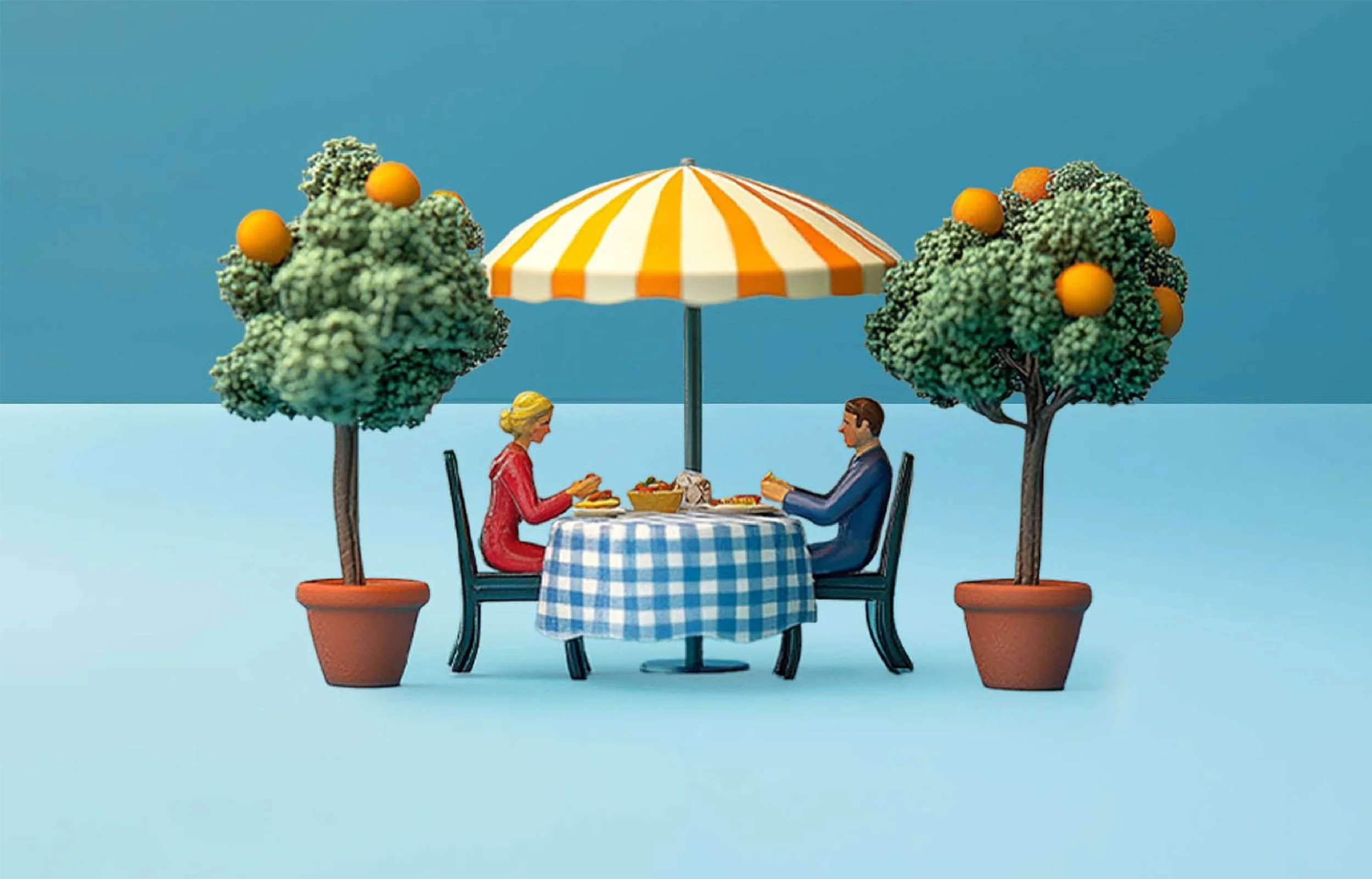 Miniature illustration of a man and woman sitting at a round table with a blue checkered tablecloth, under a yellow and white striped umbrella, surrounded by two potted orange trees, against a simple blue background.