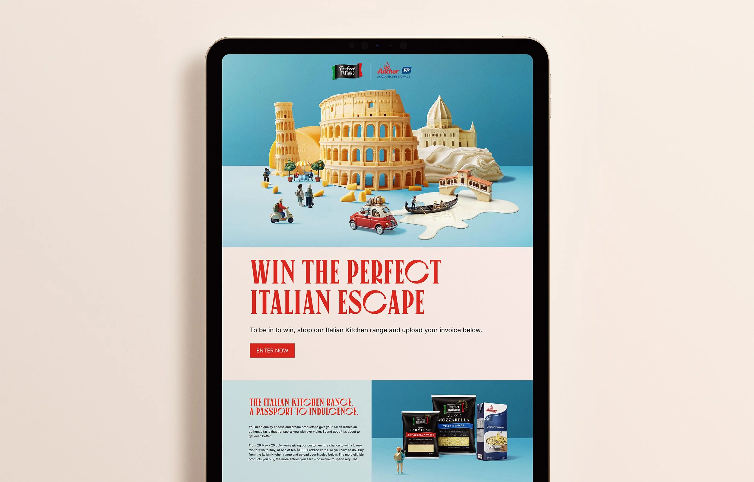 Advertisement for a contest to win an Italian-themed prize featuring miniature models of Italian landmarks like the Colosseum and Leaning Tower of Pisa, with toy figurines and vehicles, and packages of Italian food products at the bottom.