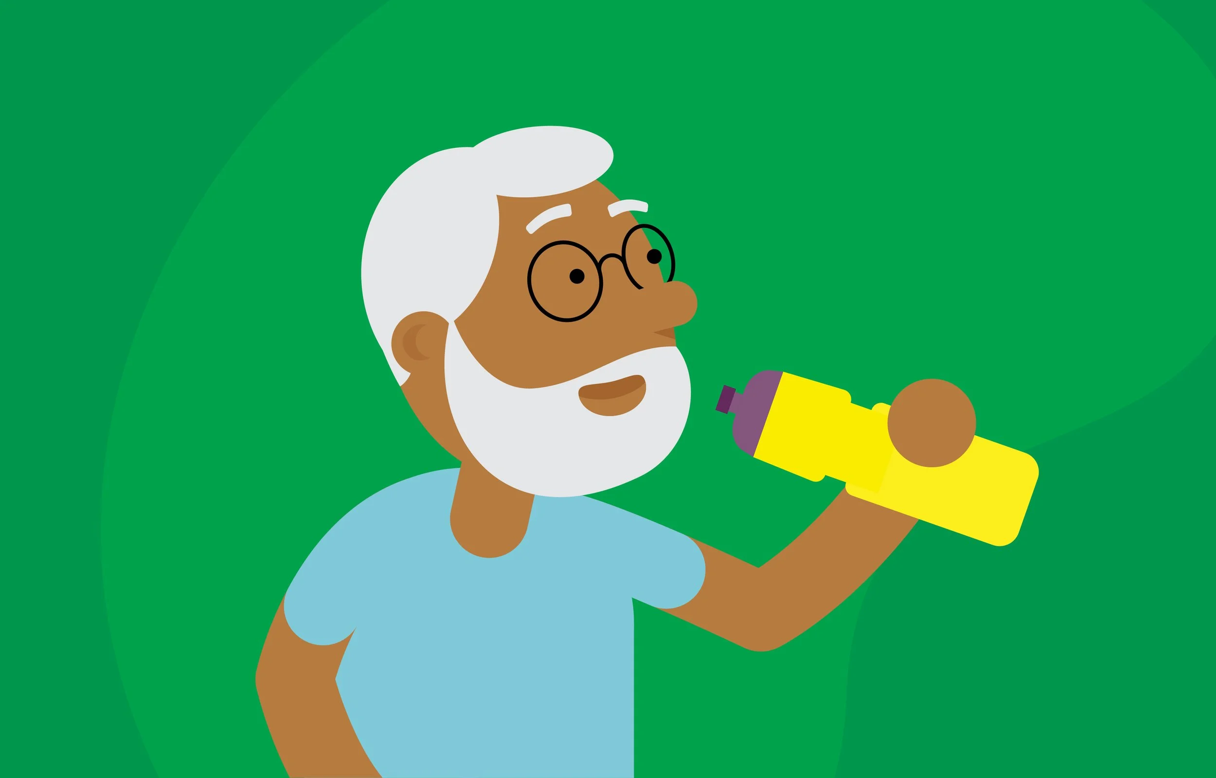 Cartoon man with white hair and beard drinking from a water bottle after exercise.