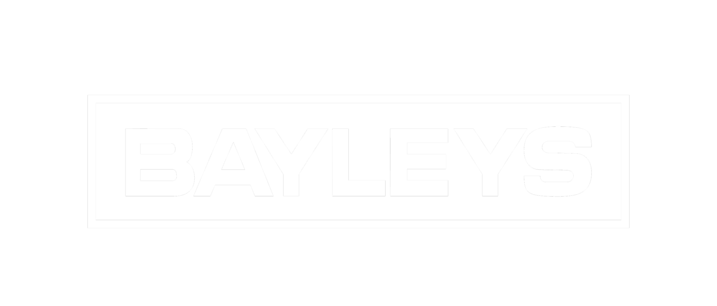 Black background with white rectangle containing the word 'BAYLEYS' in bold, uppercase letters.