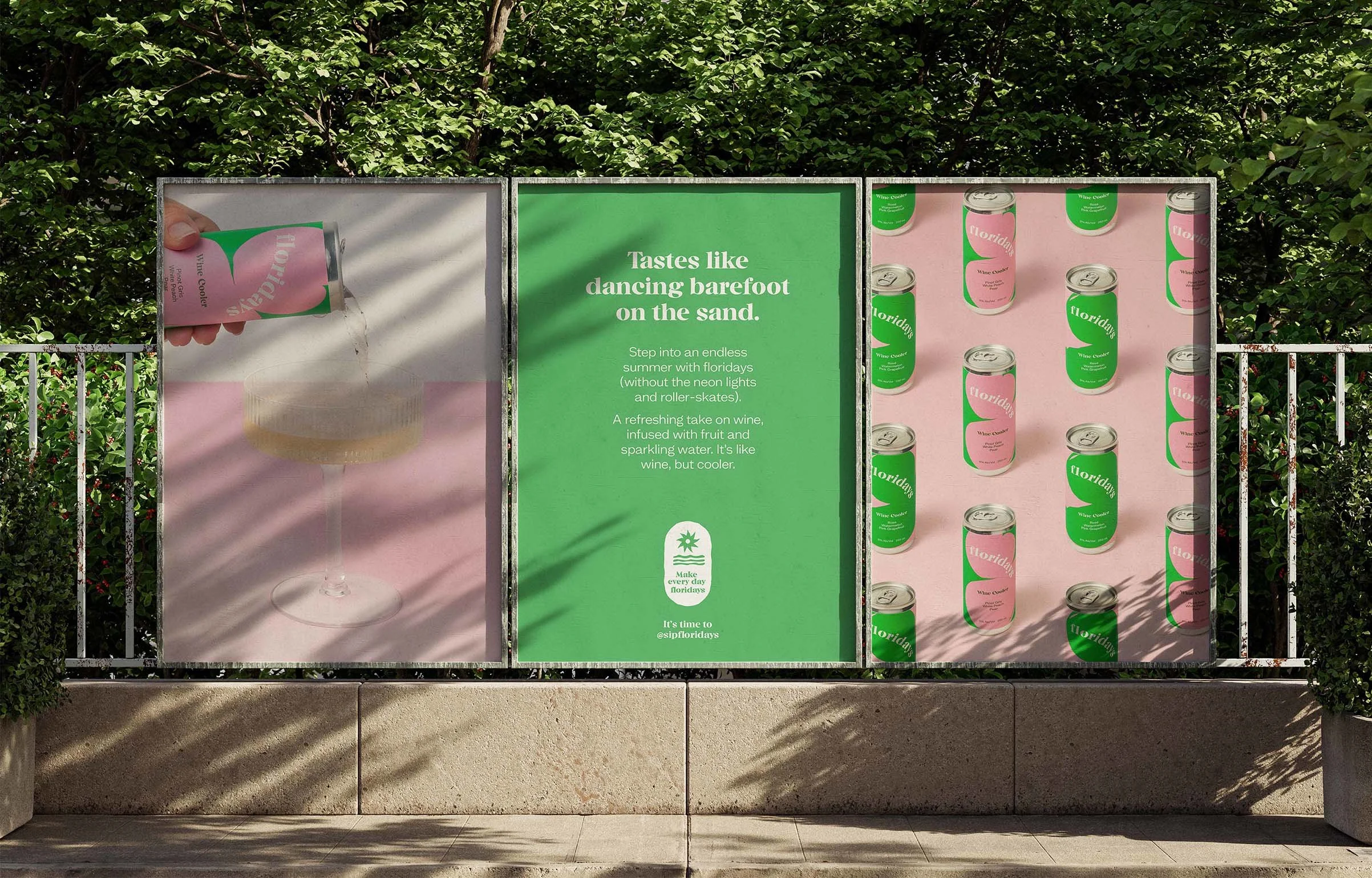 Three outdoor advertisement panels. The left panel shows a hand pouring wine onto a glass-shaped can, labeled 'Florida's Wine Cans.' The middle panel contains green background text promoting Florida-day-themed drinks, including wine infusions with fruit. The right panel features a pattern of cans labeled 'Florida's Wine Cans' with green and pink backgrounds, on a pink backdrop.