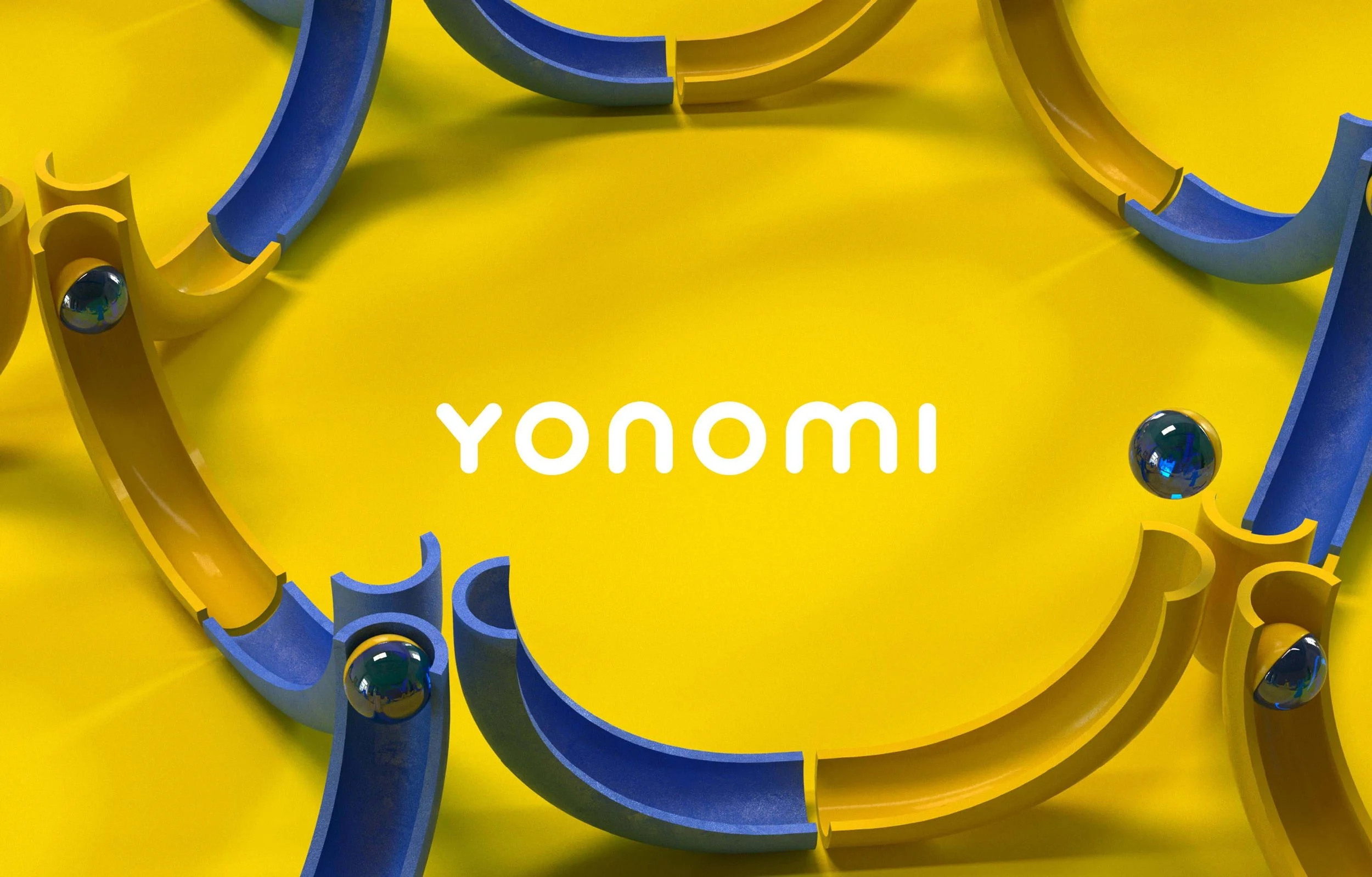 Yellow background with the word 'yonomi' in the center and blue and yellow curved structures surrounding it.