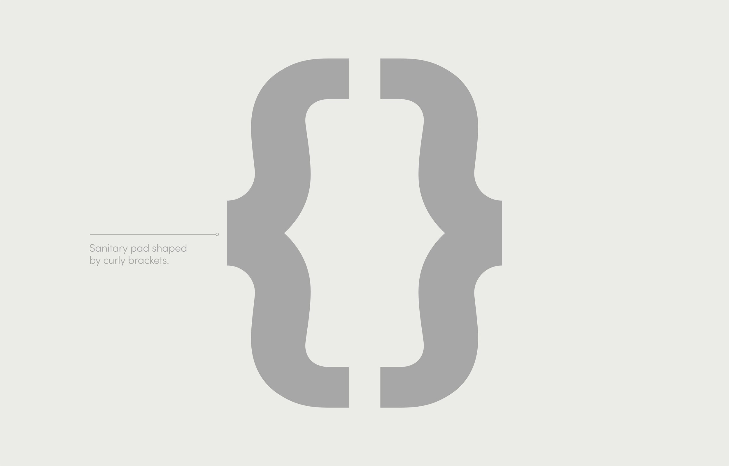 Gray shape resembling a kidney bean with curly brackets on either side, labeled "Sanitary pad shaped by curly brackets."