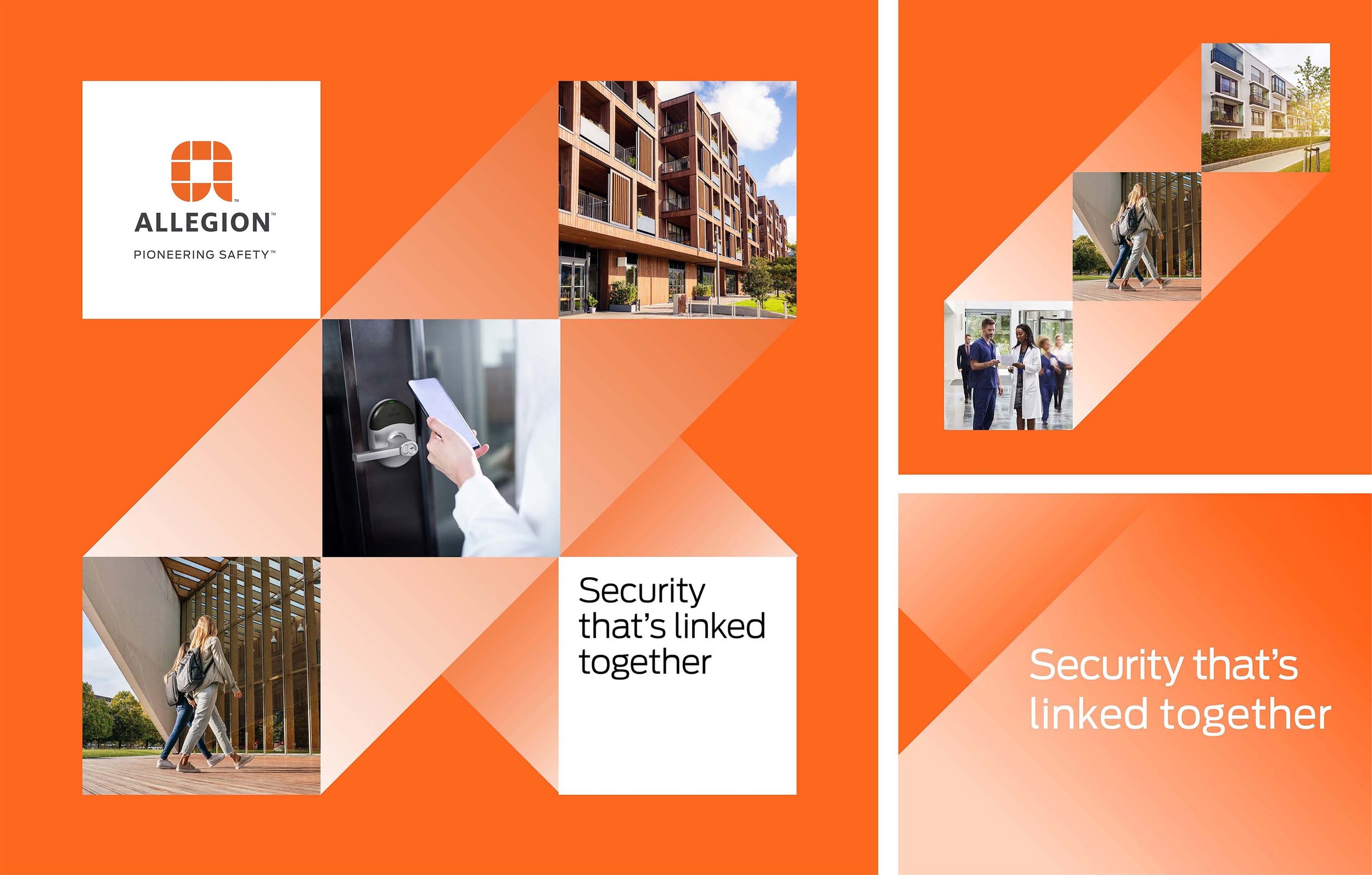 Brochure for Allegion security solutions featuring images of modern apartments, people with backpacks, and security access with a smartphone, with the slogan 'Security that's linked together'.