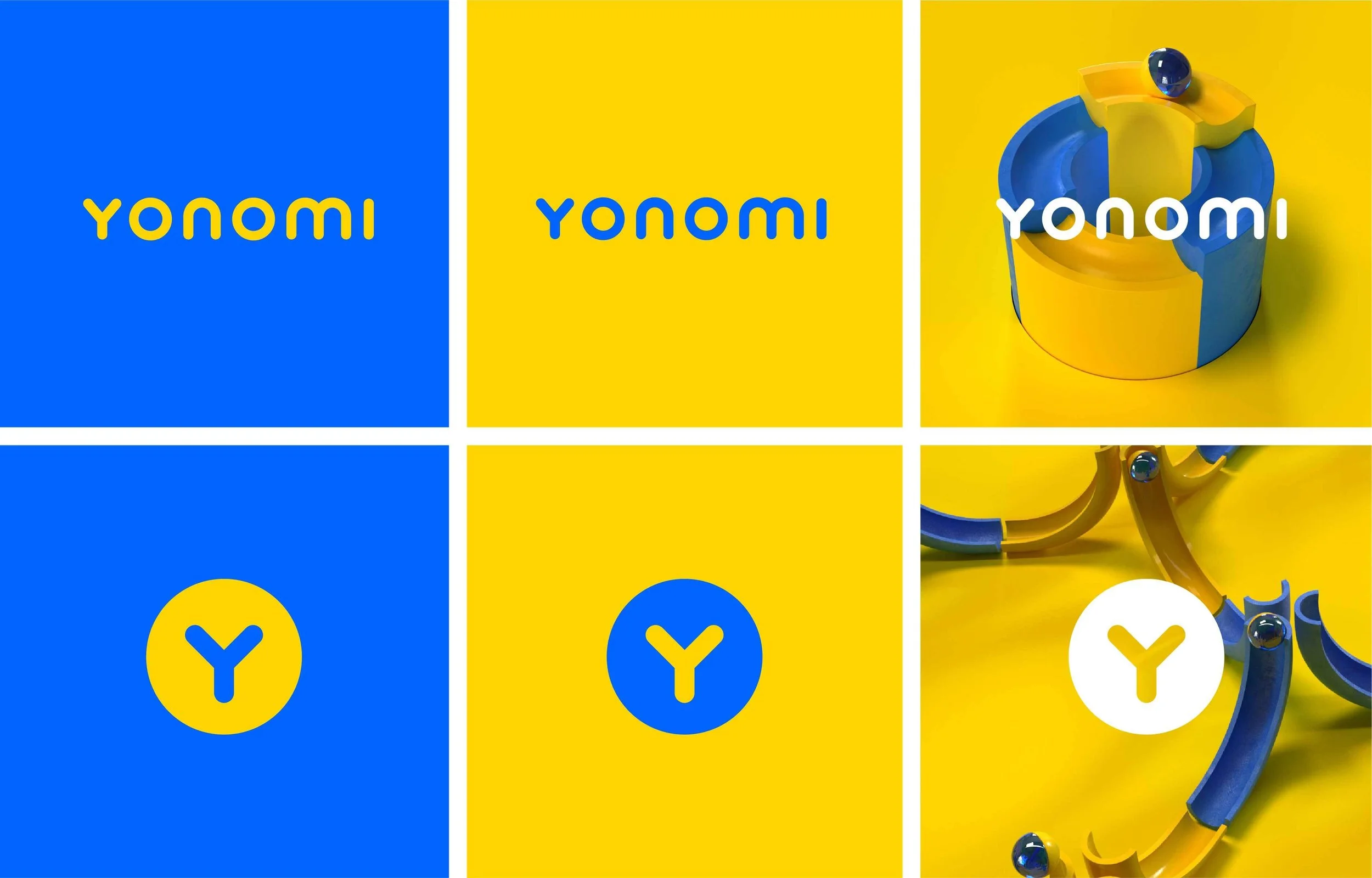 Six-panel collage of branding images for Yonomi, with blue and yellow backgrounds. The top row features the Yonomi logo in varied styles, including block letters and a 3D design. The bottom row displays a yellow circle with a blue 'Y' on a blue background, and a white circle with a yellow 'Y' on a yellow background. The rightmost panels show close-up images of colorful, curved plastic tracks and marbles on a yellow surface.