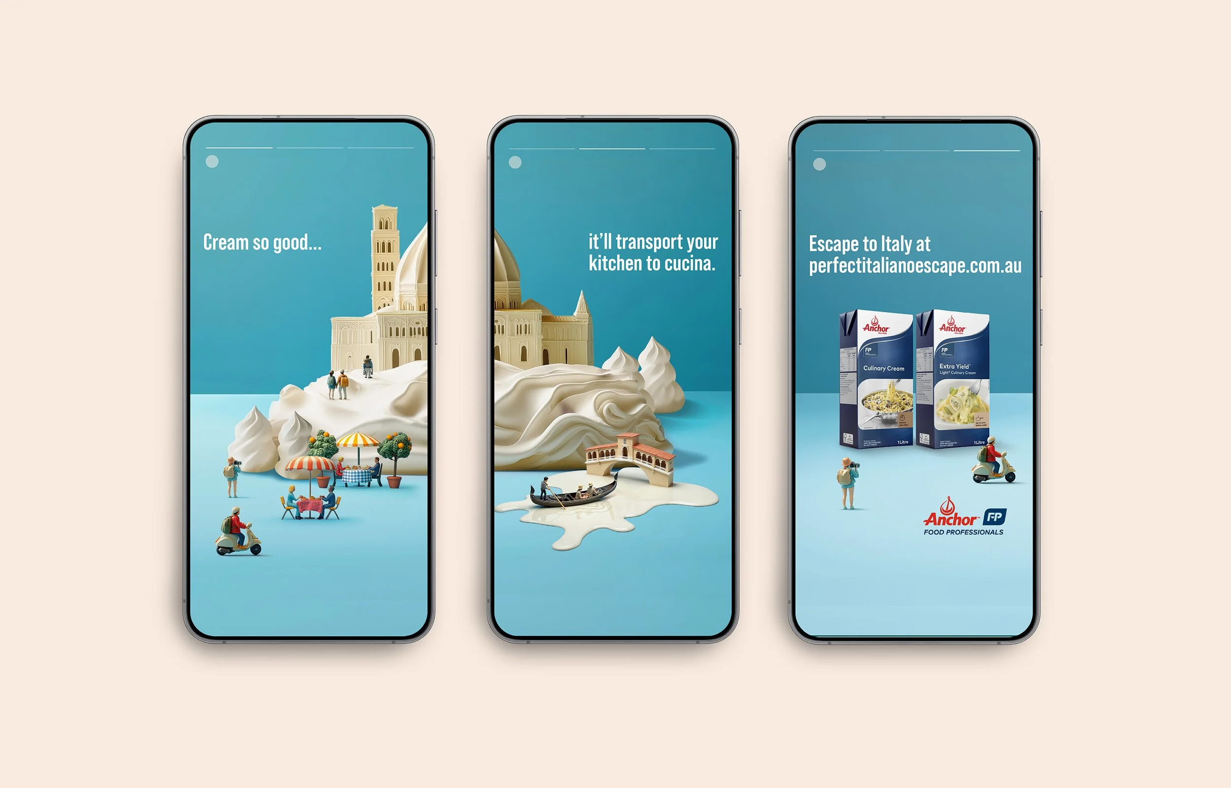 Three smartphone screens displaying an advertisement for Italian food ingredients. The screens show a miniature scene of Italian scenery with small figures, food, and landmarks, along with text promoting culinary creams and a website for Italian escape.