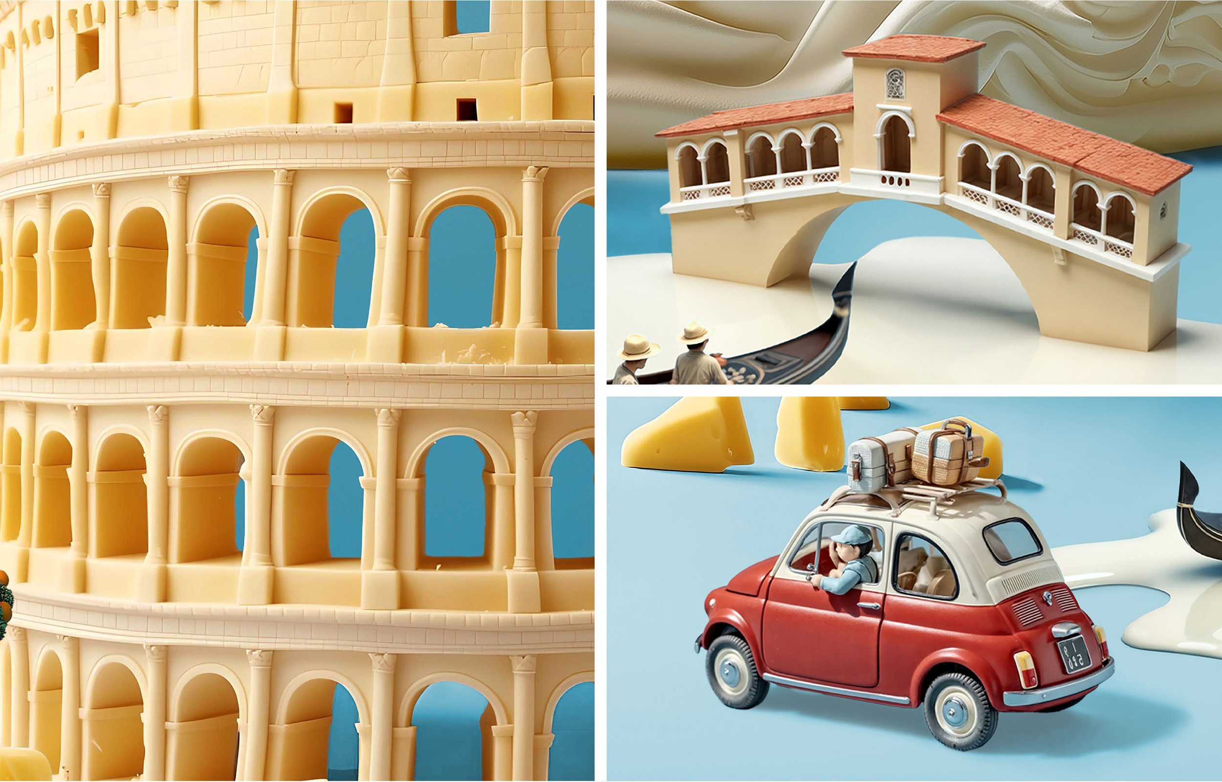Close-up of a cheese model of the Roman Colosseum, showing arches and tiers. In the top right, a miniature model of a bridge with an arch and a building on top, with two small figures in hats nearby.