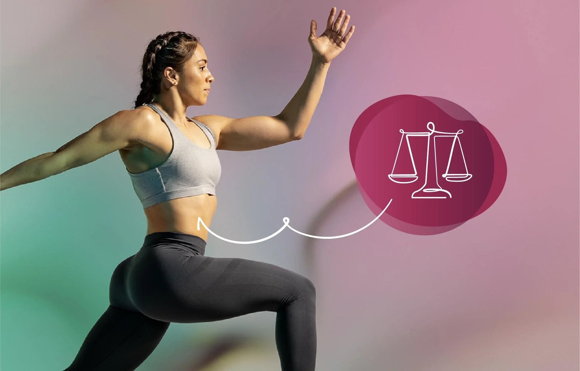 A woman in a frozen sprint position with balance icon pointing to her torso in Nutiani shoot.