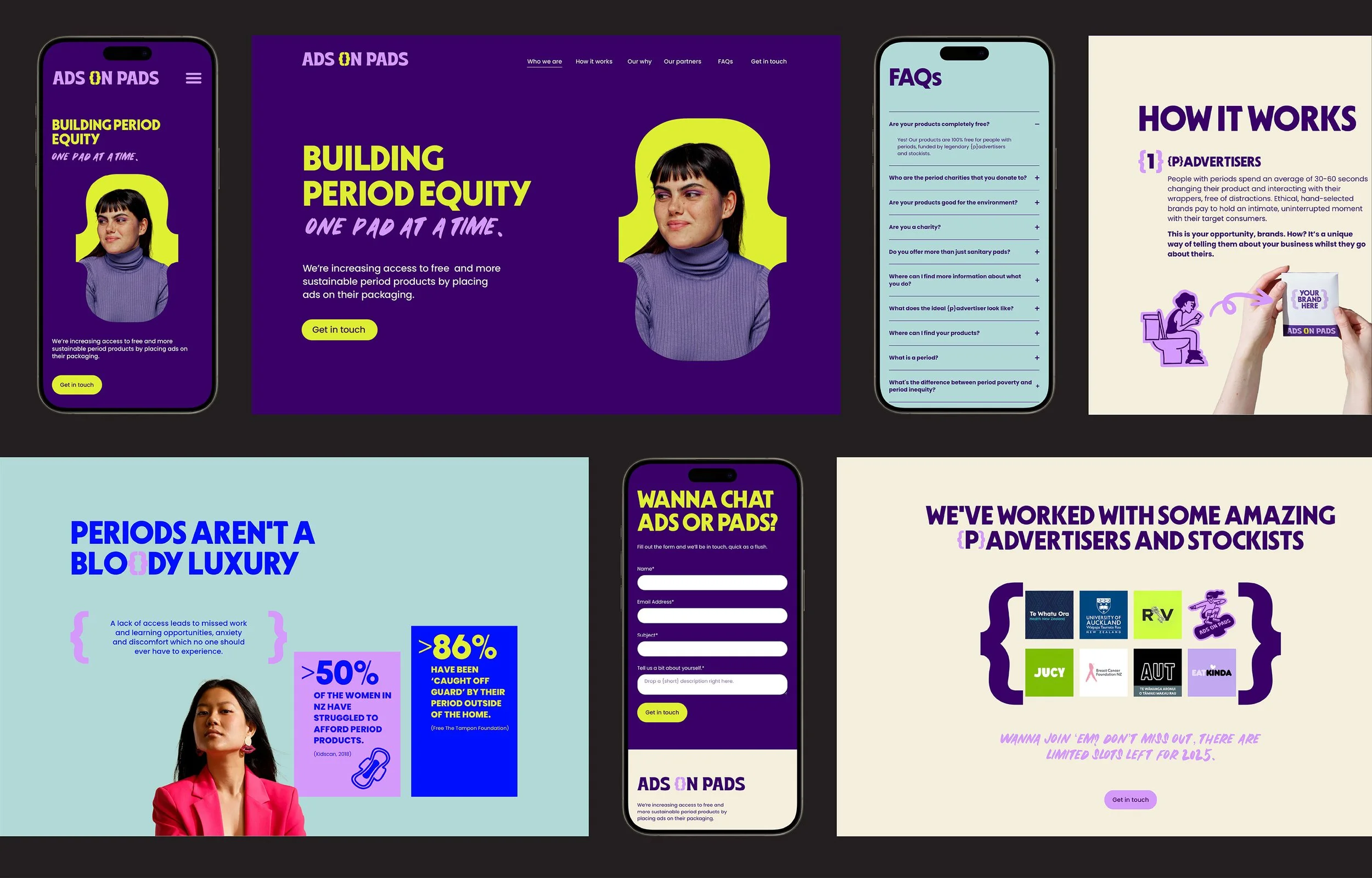 A collage of digital screens and mobile devices showcasing a website for "Ads On Pads". The content promotes sustainable period products with bold text, colorful graphics, icons, and images of women, emphasizing themes of period equity and advertising.