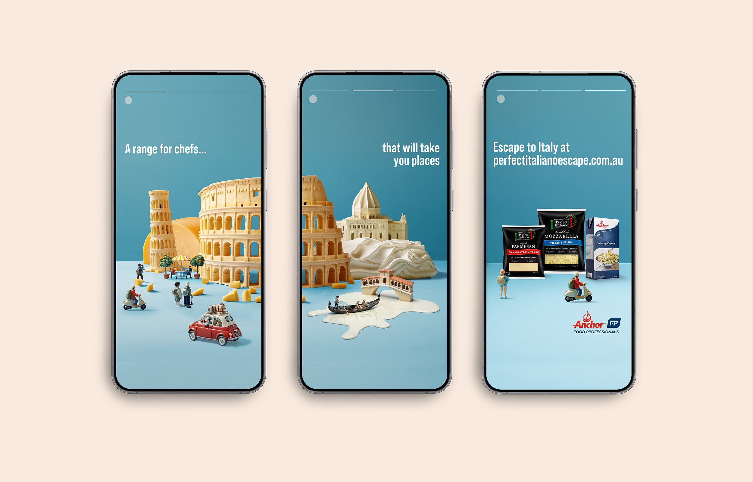 Three smartphones display an advertisement for Italian-themed cheese products and travel, featuring miniature models of Italian landmarks, cheese packages, and small figurines in a stylized scene.