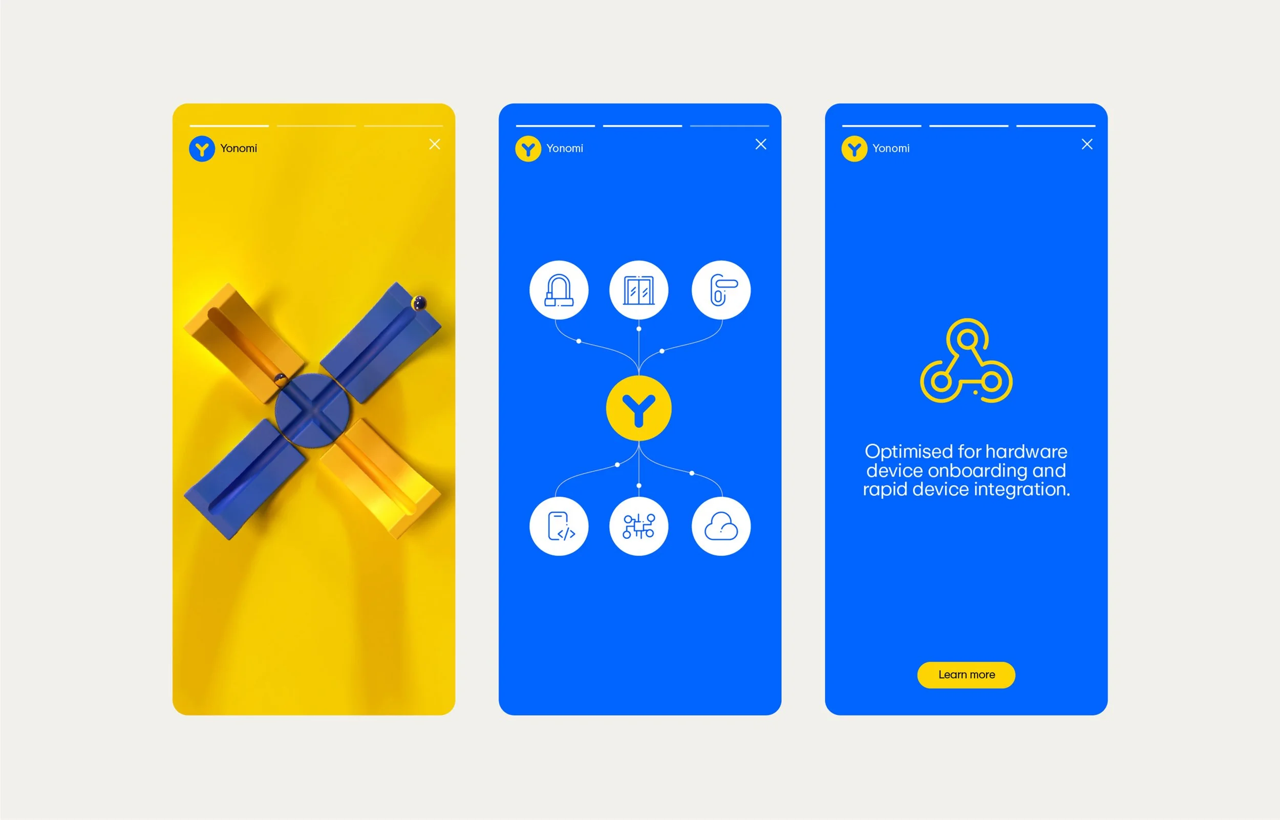 Three mobile app screens showing the Yonomi app, with the first screen displaying a yellow and blue device, the second showing icons of home automation features, and the third depicting a connected device with a description and a "Learn more" button.