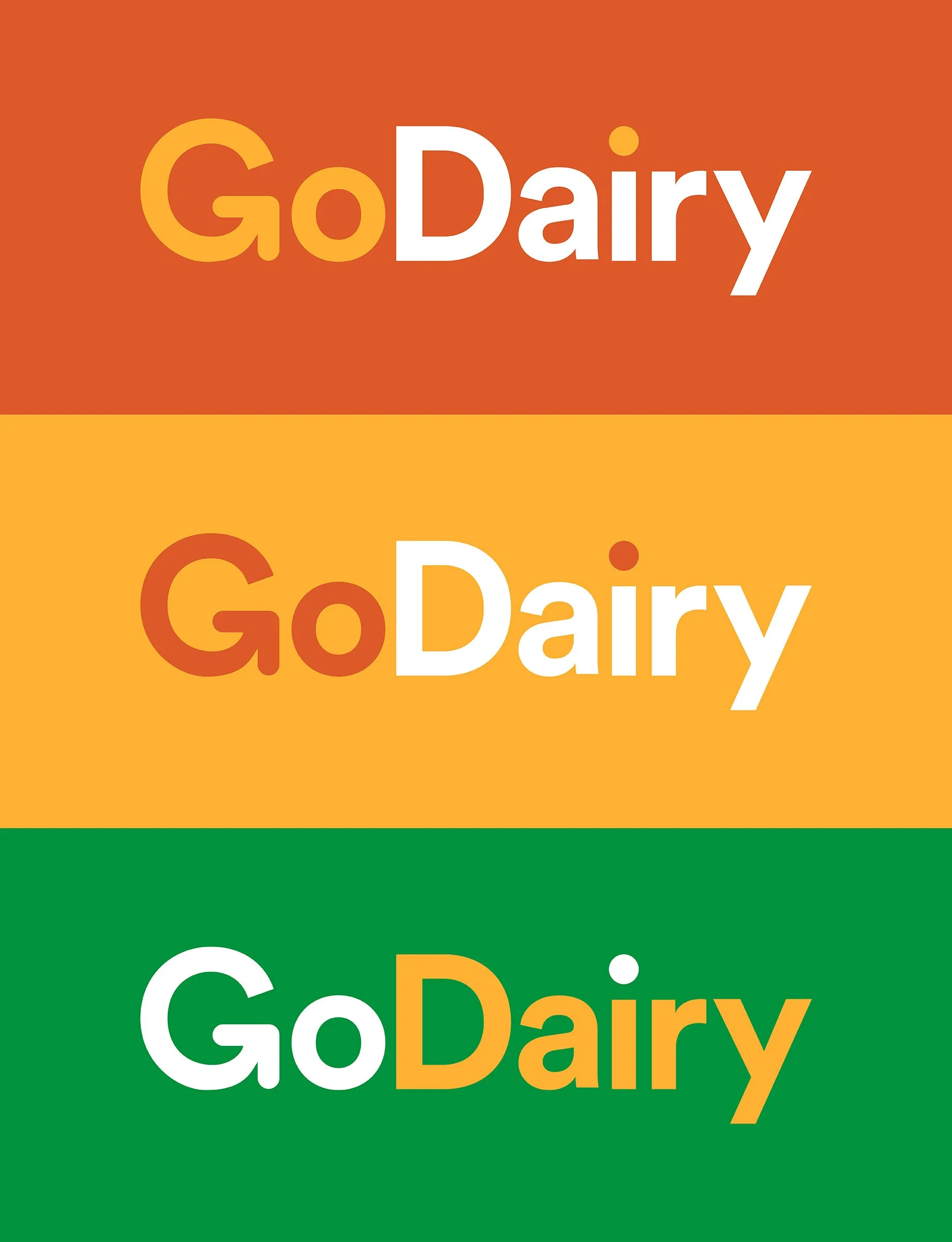 Image of Go Dairy branding across different block-coloured backgrounds.