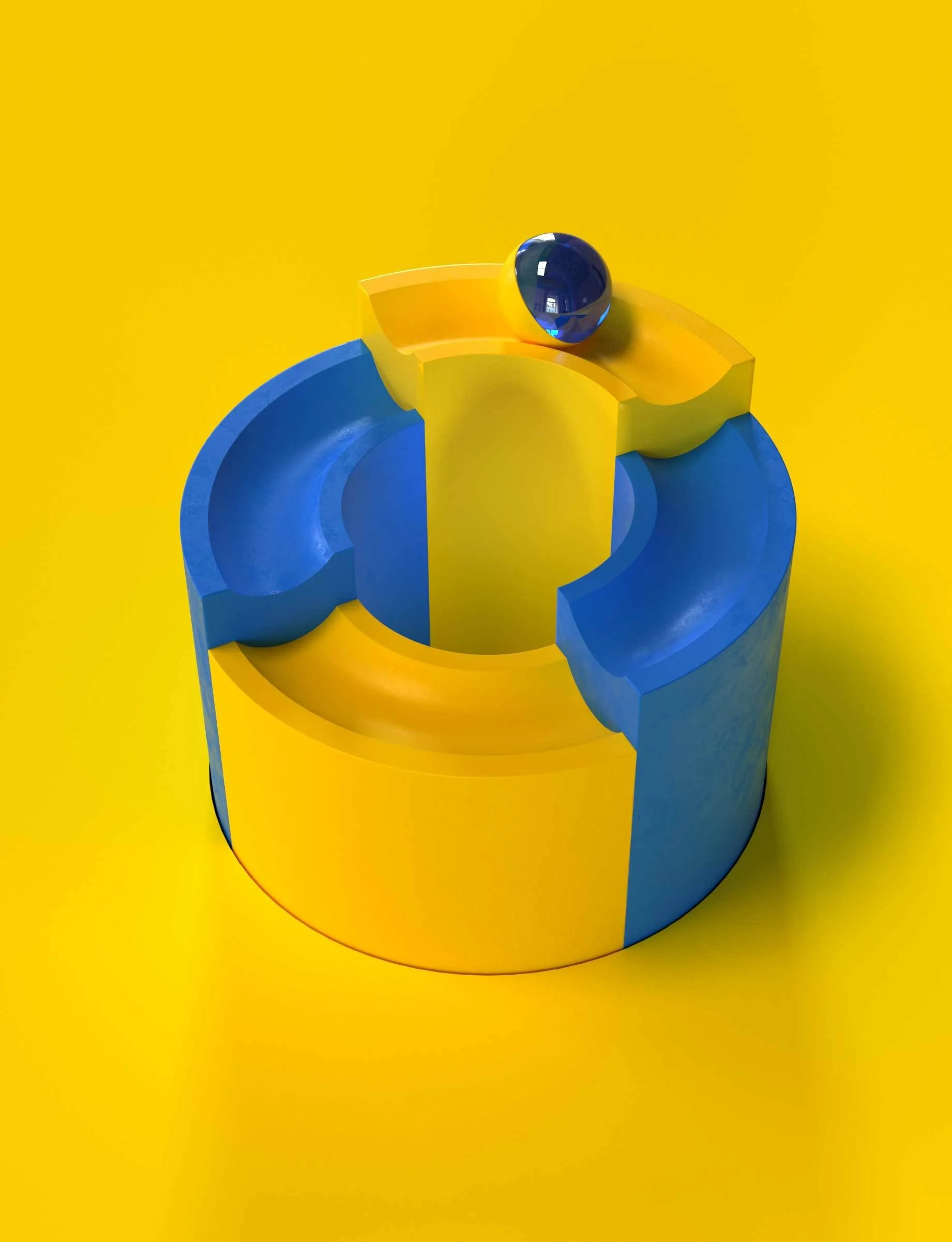 Colorful abstract sculpture with yellow and blue sections and a shiny blue sphere on top, set against a yellow background.