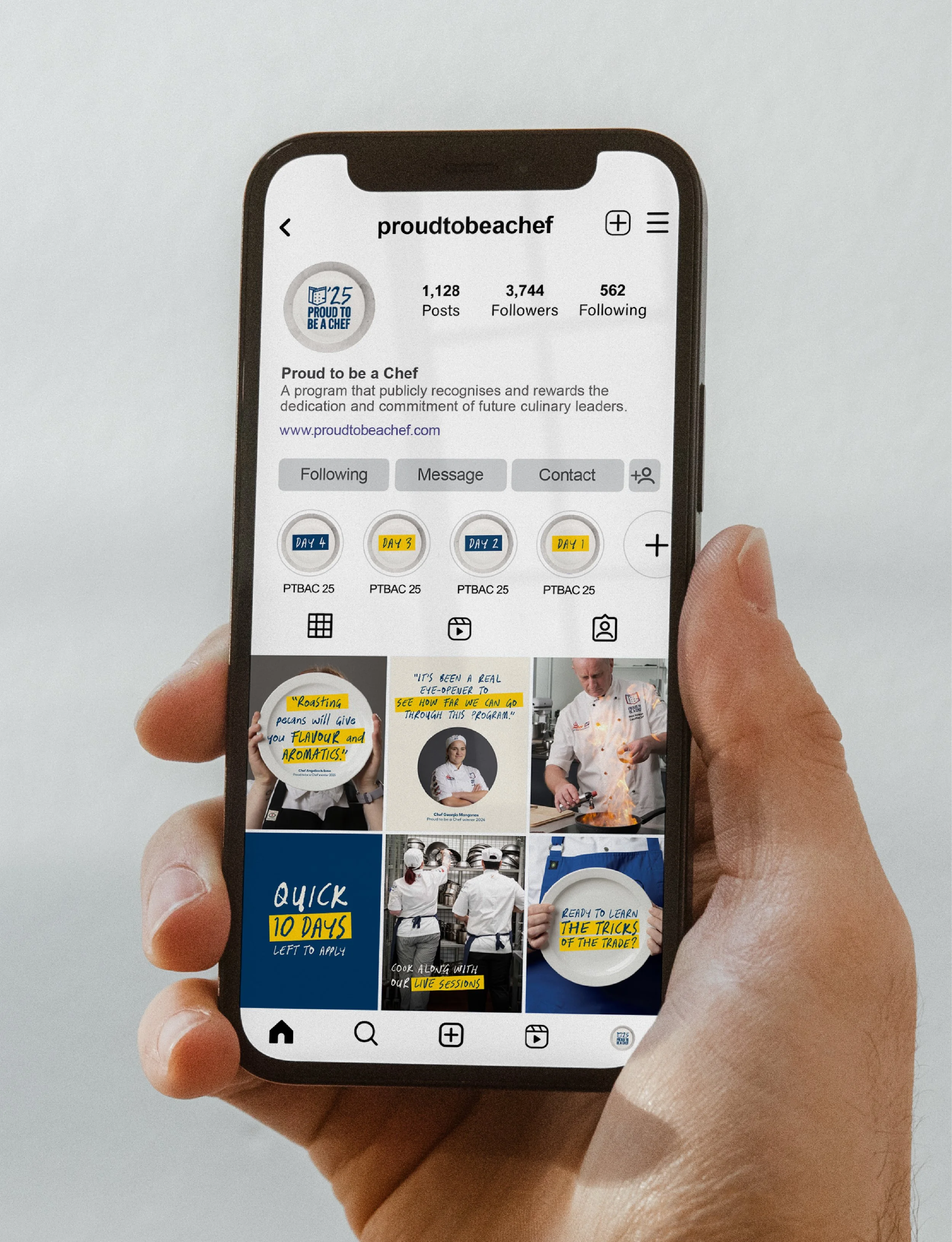 Smartphone displaying the Instagram profile of proudtobeachef, including posts, stories, and highlights related to a culinary program.