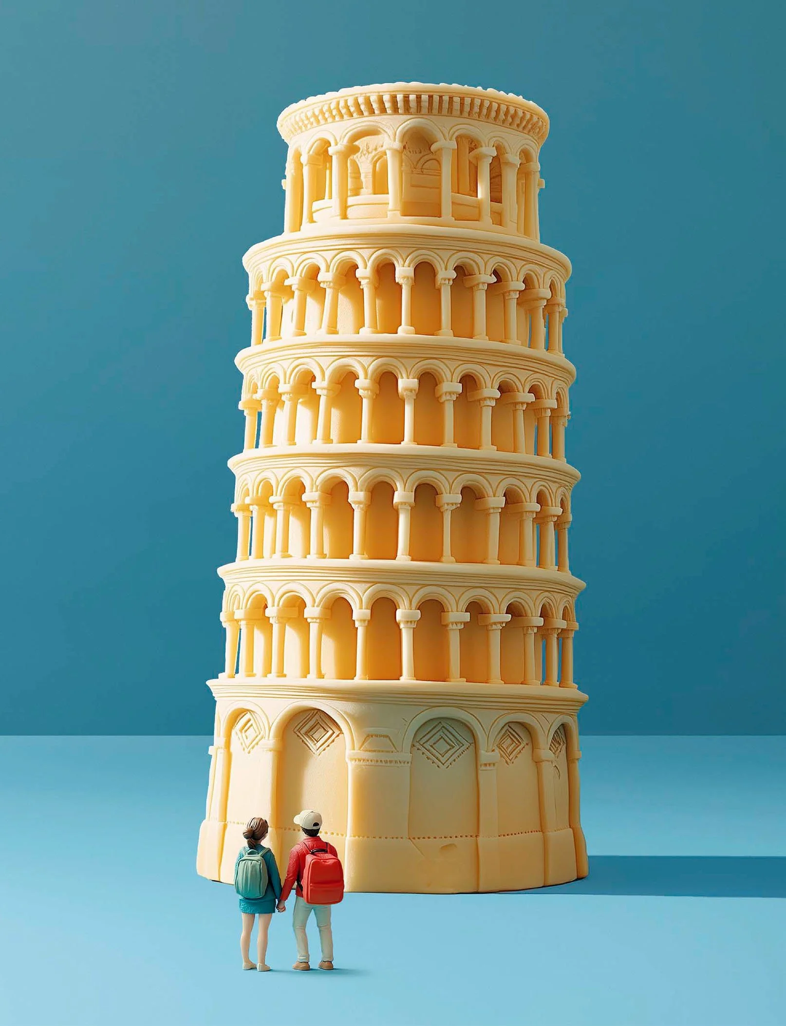 Two miniature tourists, a man and a woman, stand holding hands and looking at a whimsical, large, model of the Leaning Tower of Pisa made of cheese against a blue background.