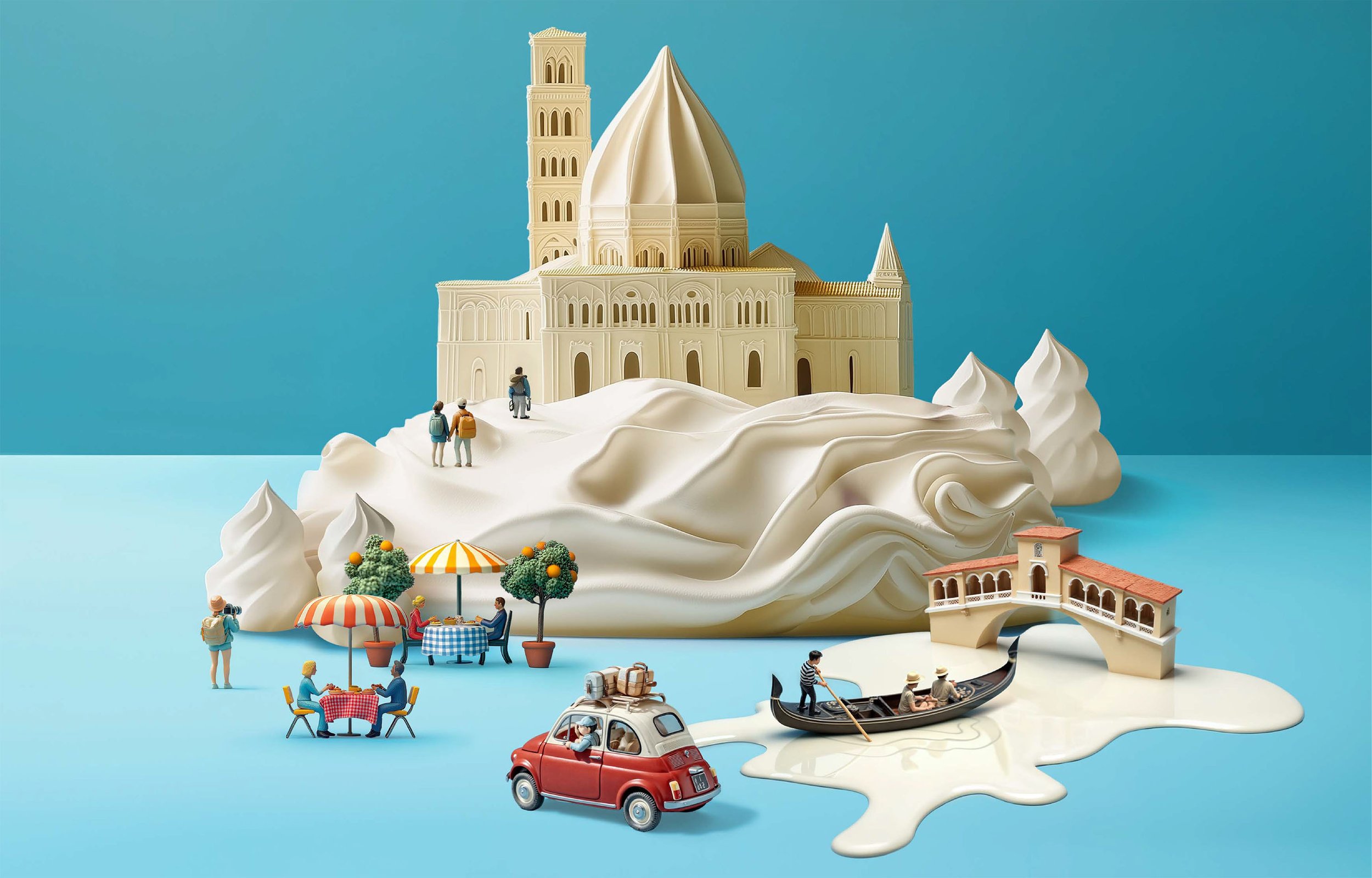 Cheese replica of Italian landmarks with tiny figurines of people, a gondola, and outdoor seating with umbrellas, all set against a blue background.
