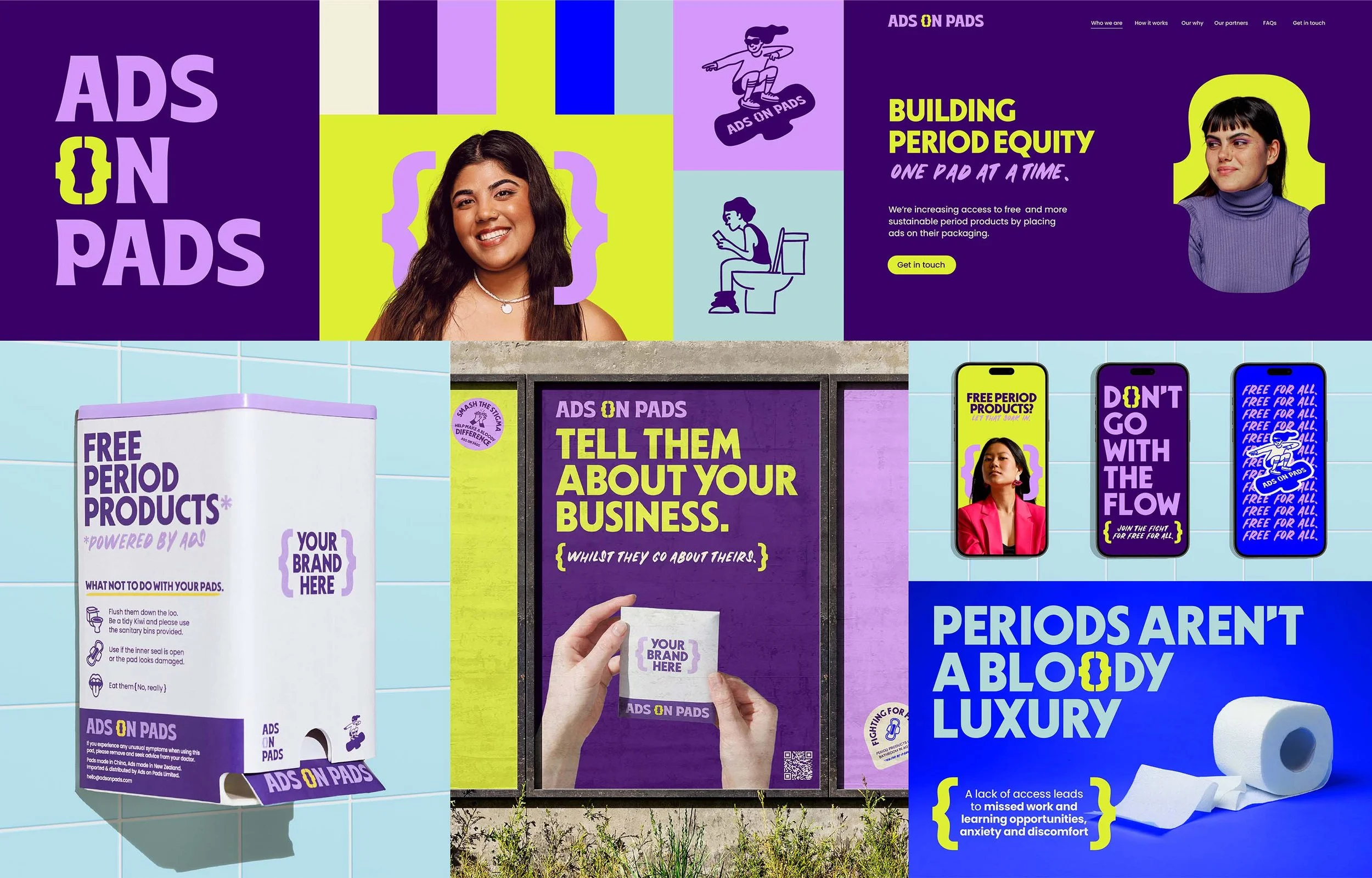 A vibrant collage of advertisements and promotional materials for 'Ads on Pads,' featuring bright colors, images of women, pads, and mobile phones, emphasizing period products, branding, and messaging about period equity and business promotion.