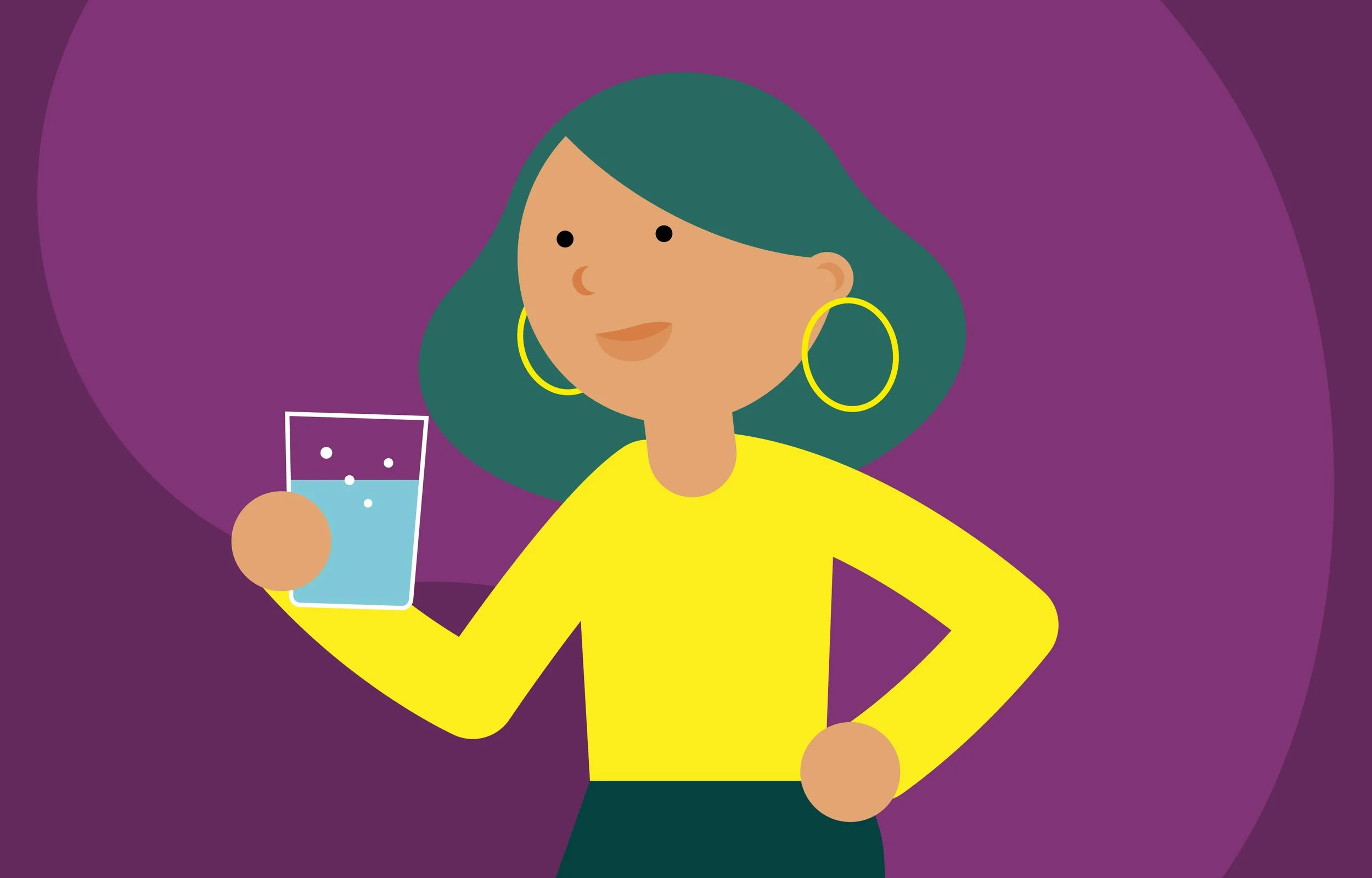 A woman with teal hair and large yellow hoop earrings holds a glass of water and smiles.