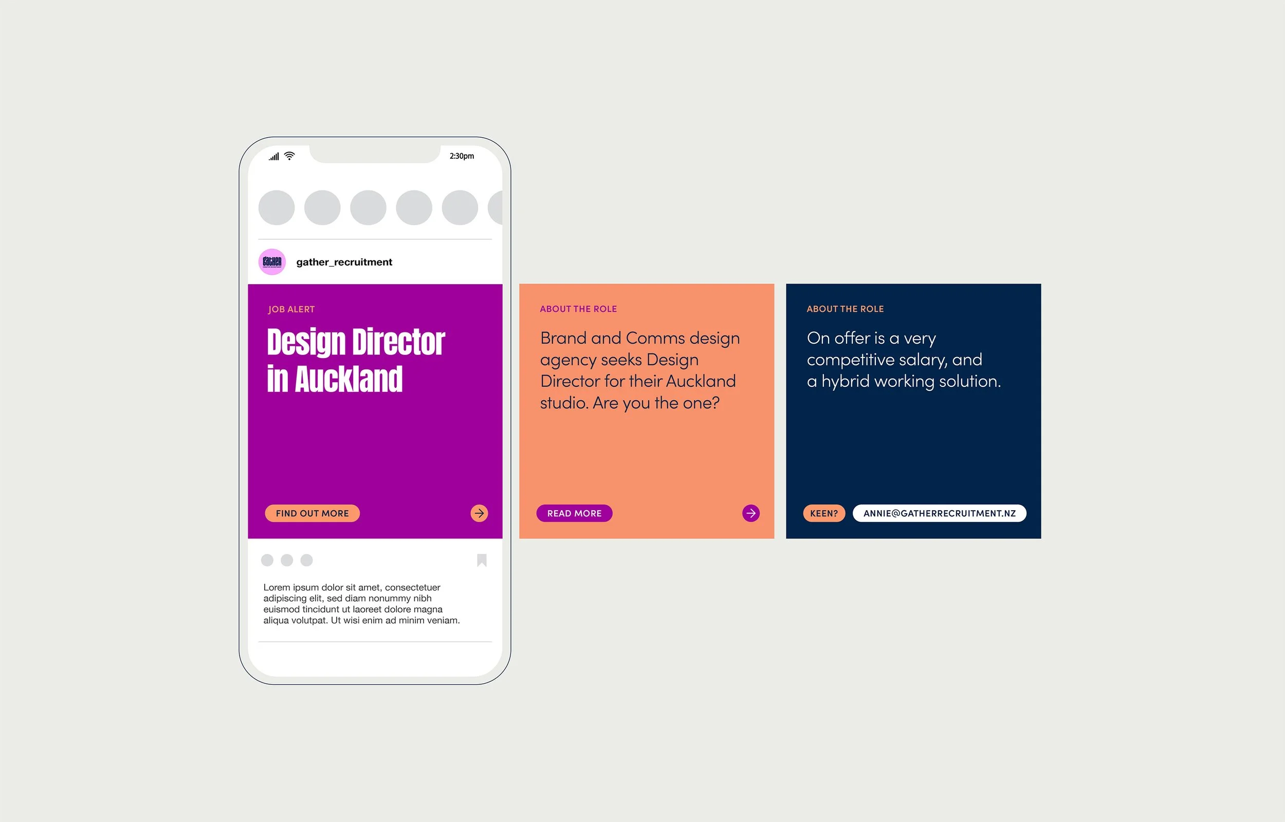 Mobile phone screen showing a recruitment post for a Design Director in Auckland with a purple background, white text, and orange buttons, alongside two detailed descriptions of the role on colorful cards.