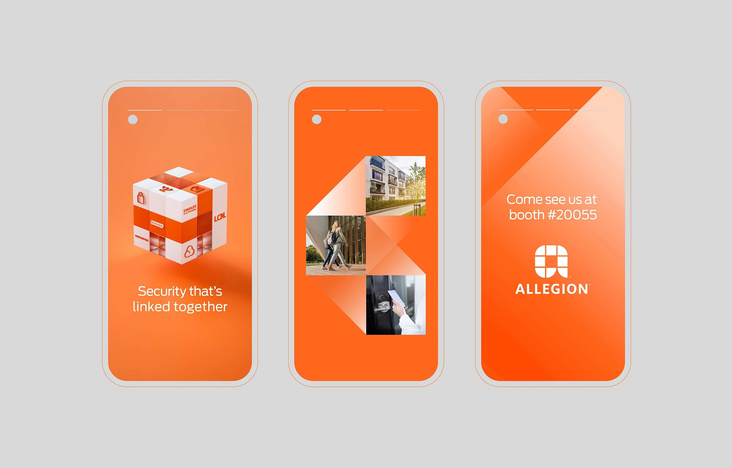 Three orange promotional screens for Allegion, featuring security products and events, with text stating 'Security that's linked together,' 'Come see us at booth #20055,' and images of a security cube, residential buildings, and people using security doors.