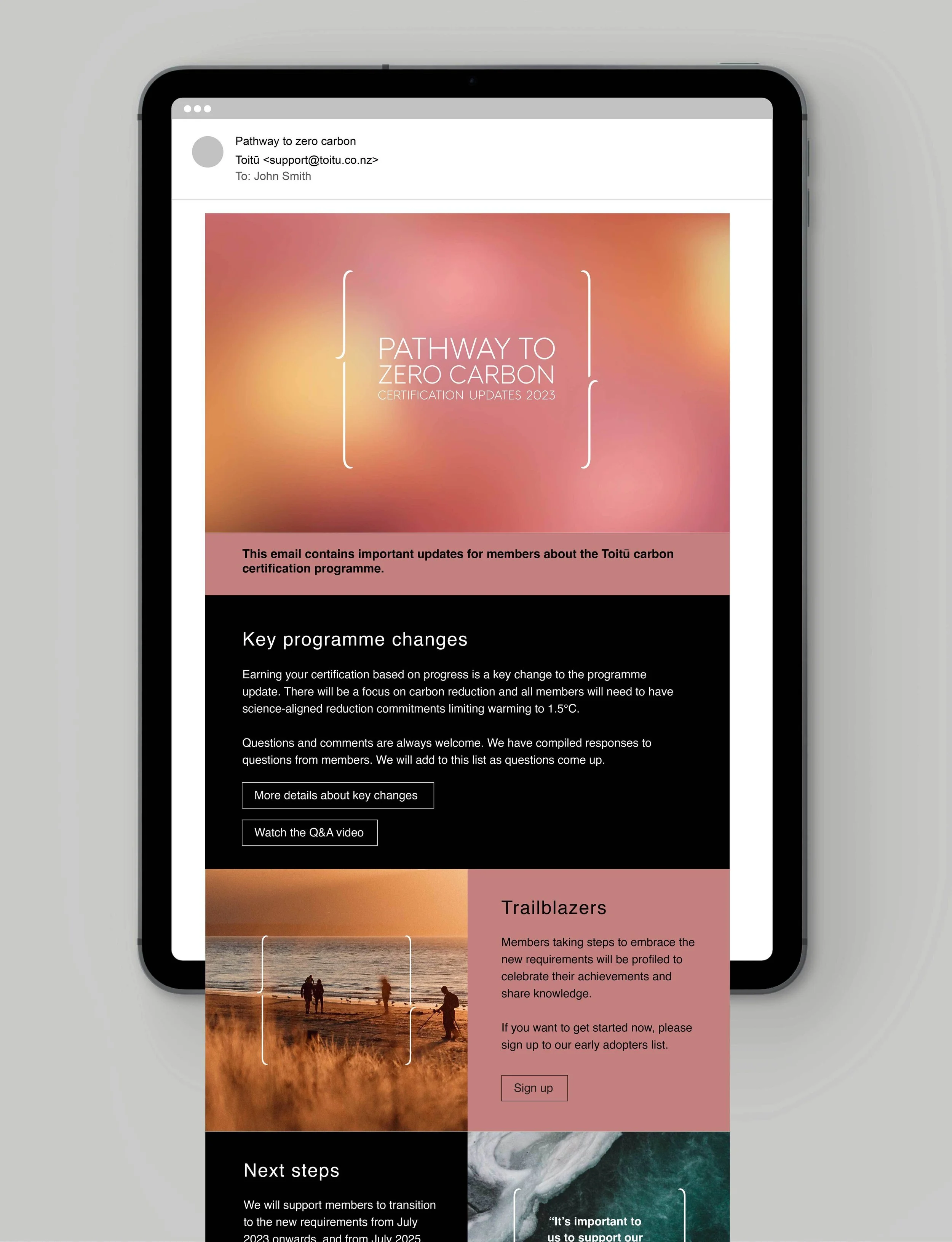 Email titled 'Pathway to zero carbon' with updates about Toitū carbon certification program, featuring sections on key program changes, trailblazers, and next steps, with images of sunset, beach, and ocean.