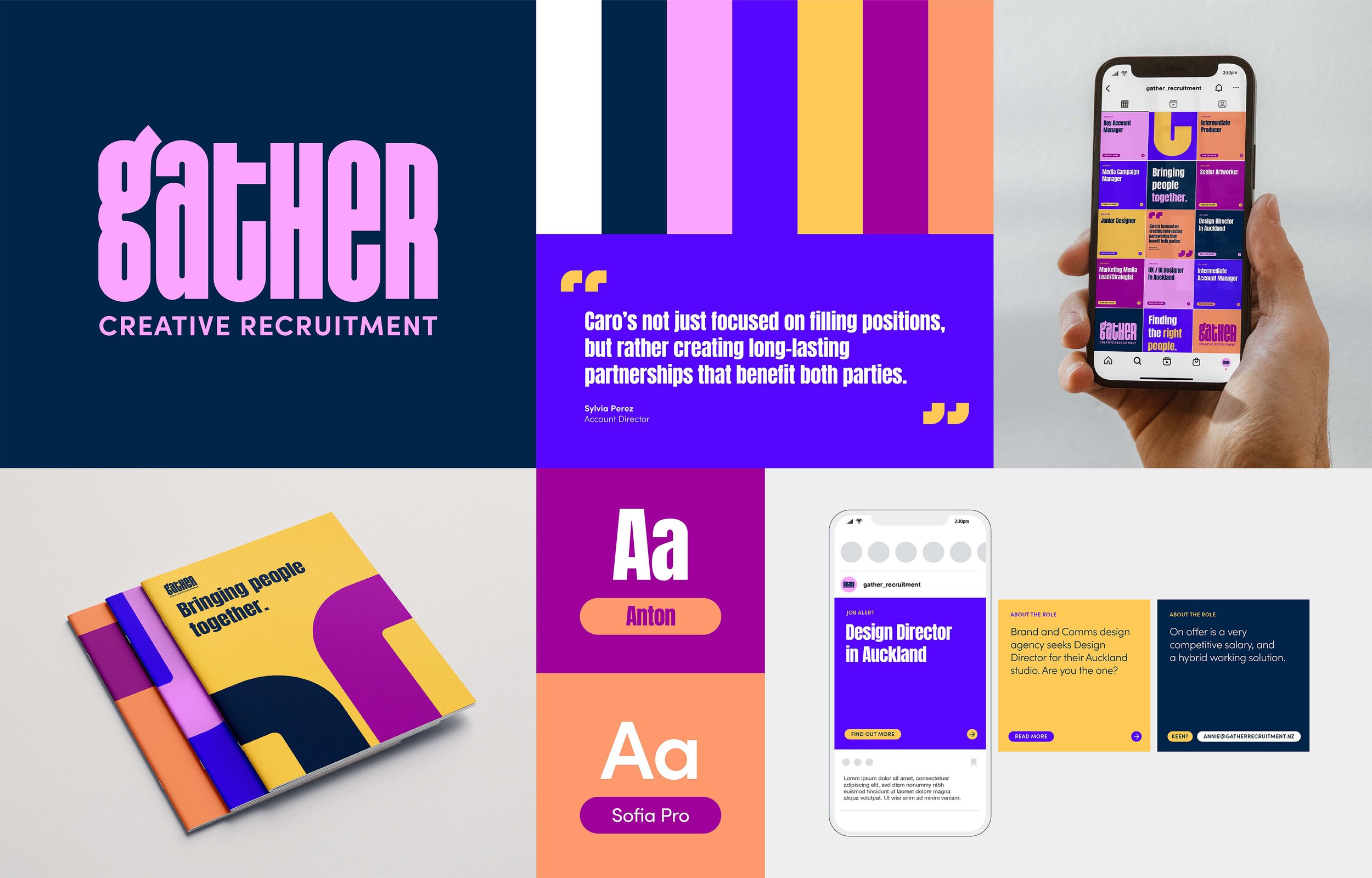 A collage of images promoting a creative recruitment company called Gather. The collage includes the Gather logo, a quote about creating long-lasting partnerships, a phone displaying the Gather website, a stack of colorful promotional booklets, and information about a job opening for a Design Director in Auckland. There are also sections highlighting typography options and a promotional slogan, all set against colorful backgrounds with bold text.