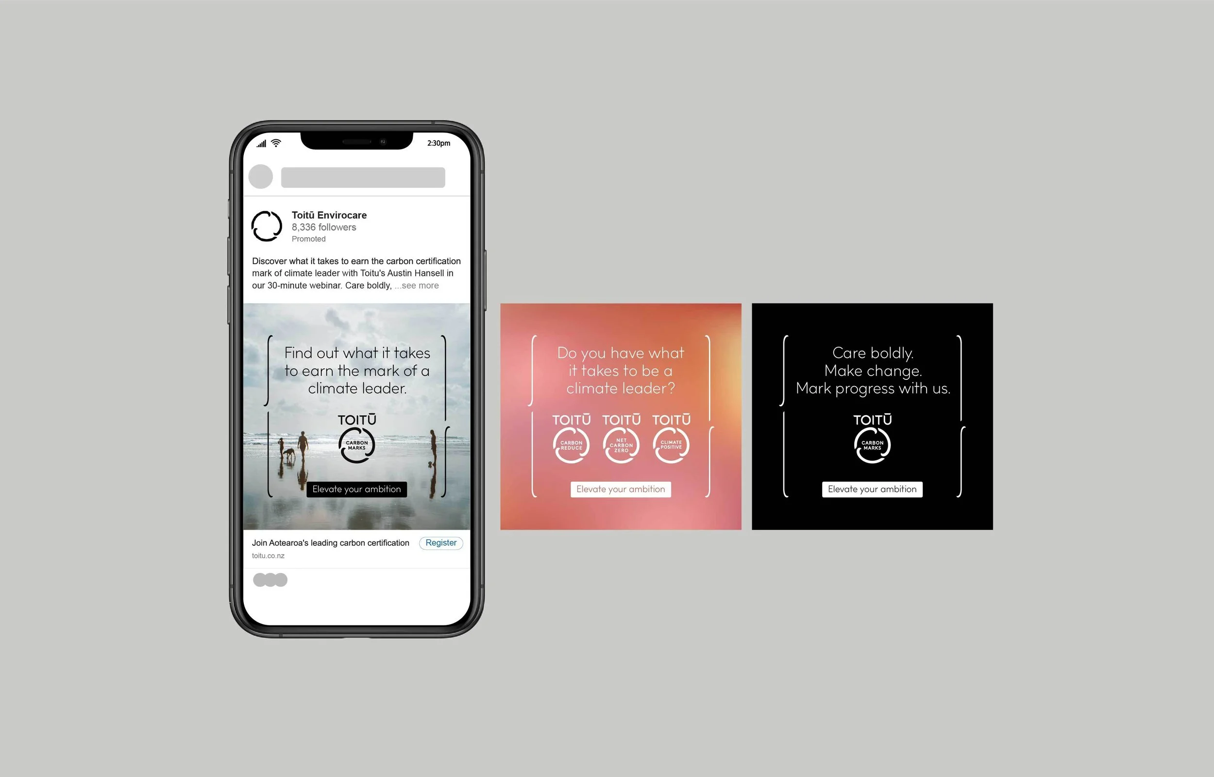 A smartphone displaying a social media post about climate certification with promotional content and a registration link. Next to the phone are two graphic designs with climate leadership questions and messages, one in pink and one in black.